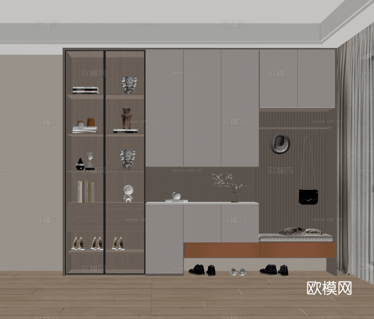 现代鞋柜 入户鞋柜 装饰鞋柜 换鞋凳 装饰柜 饰品摆件 玻璃su模型