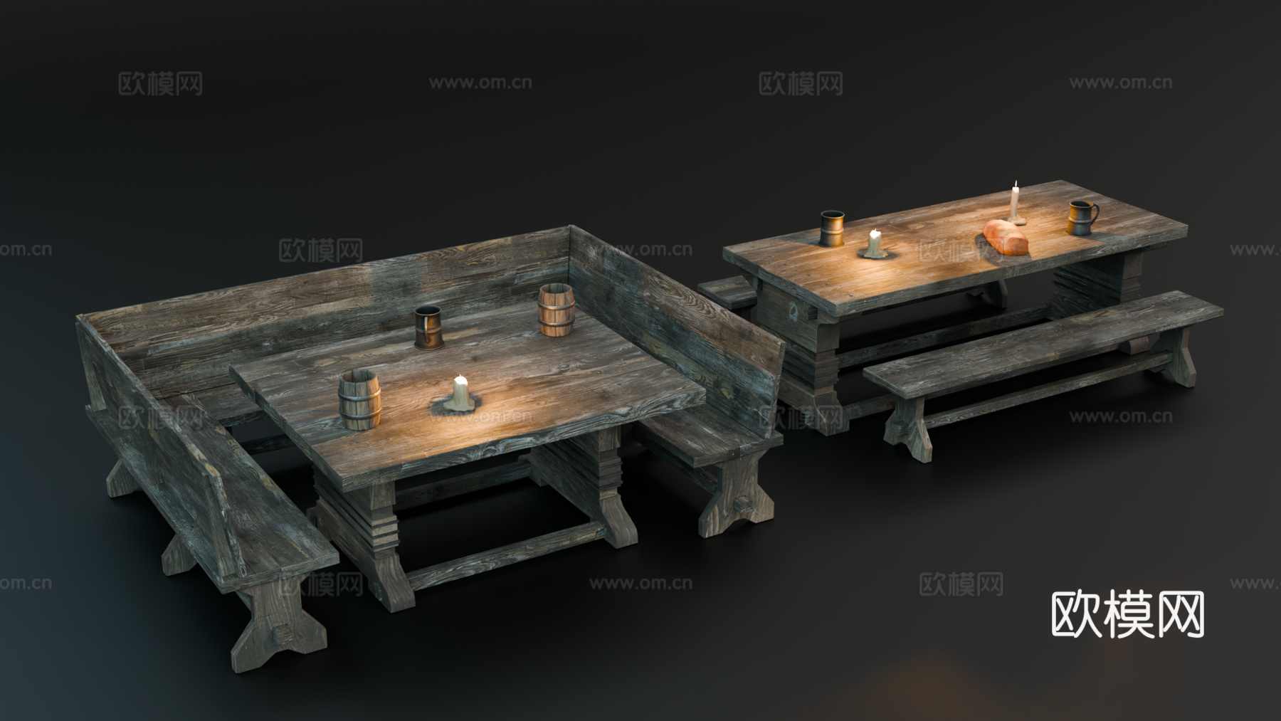 中世纪酒馆餐桌 多人餐桌 旅馆餐桌 复古餐桌 木桌长条凳长椅su模型