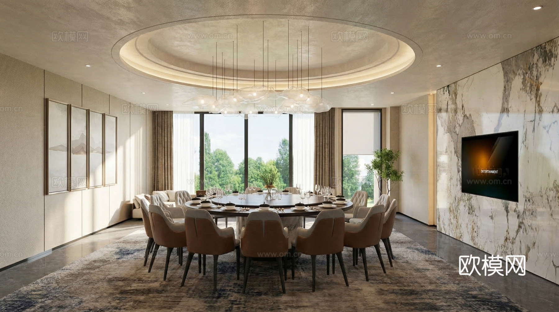 现代包厢_餐桌椅_吊灯_沙发_茶几_窗帘 餐厅包房su模型