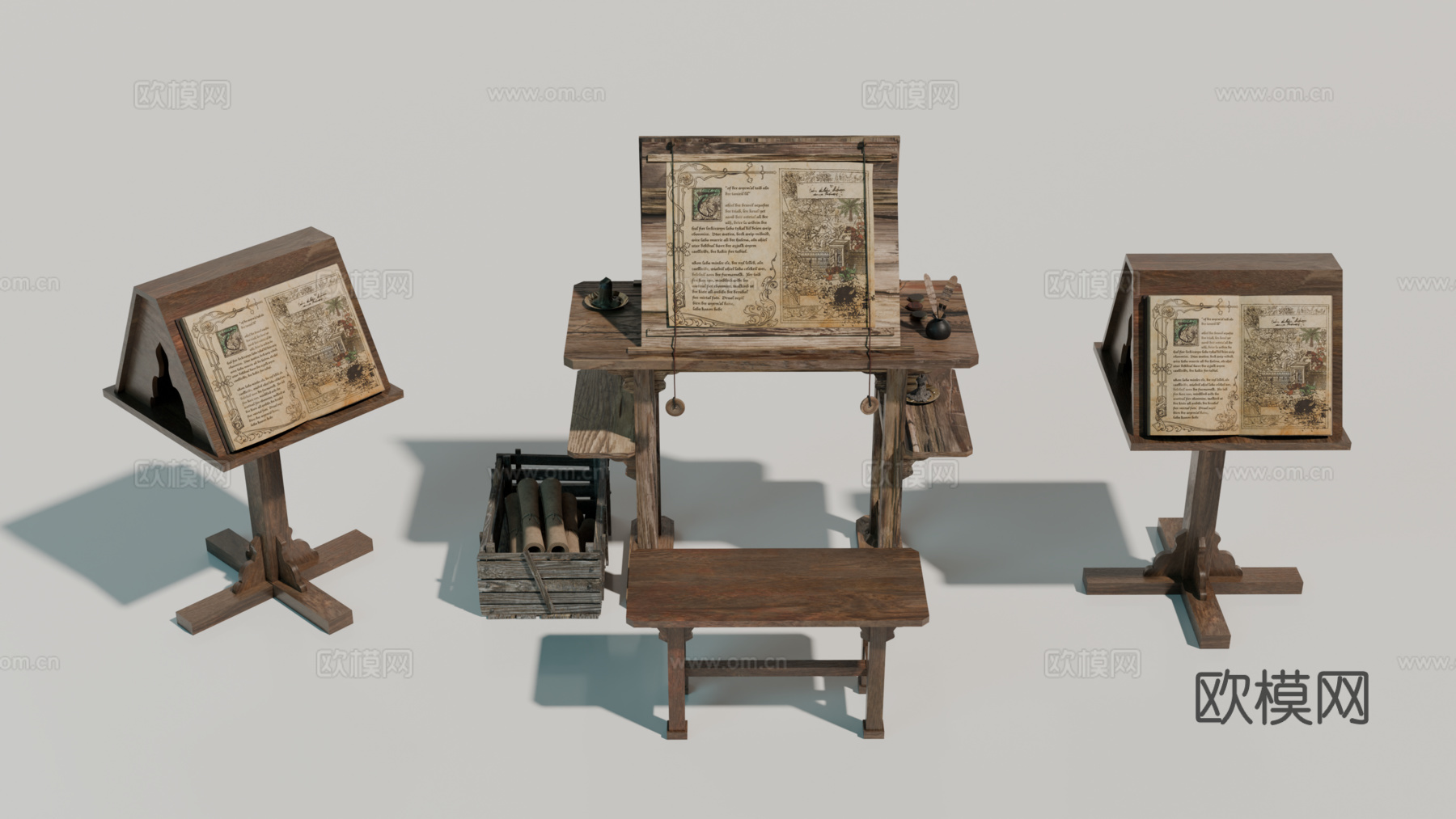 中世纪画桌 复古画架 画板 中世纪书桌su模型