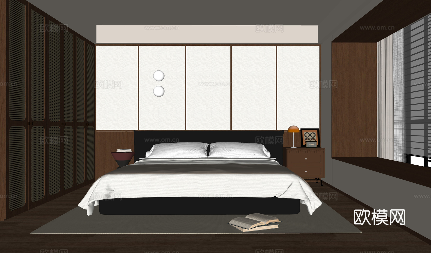 现代卧室 双人床 床头柜su模型