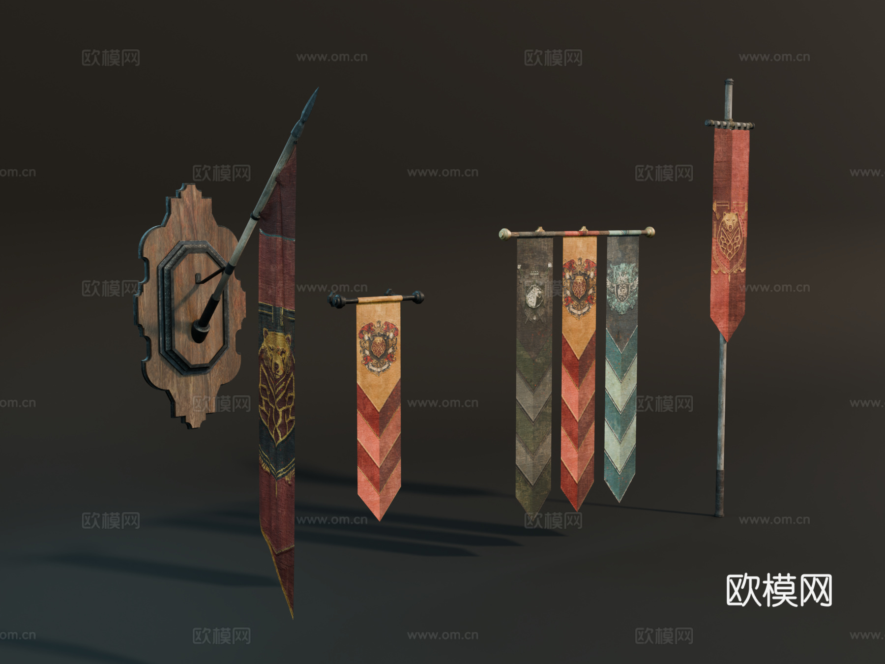 中世纪旗帜 复古旗帜 欧式旗帜 竖旗 西方古代旗子su模型