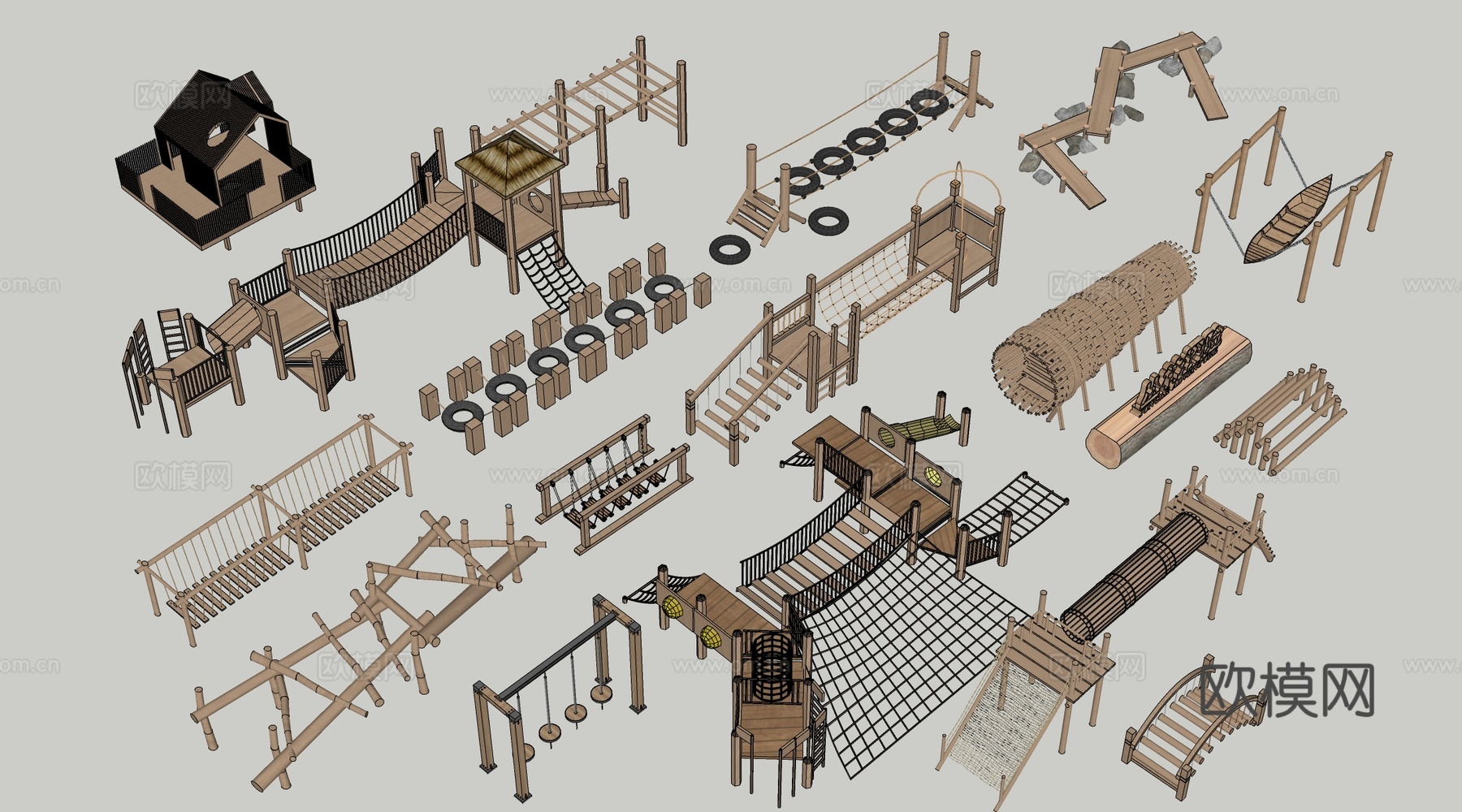 现代户外儿童游乐设施 无动力游乐设施 乡村研学游乐设施su模型