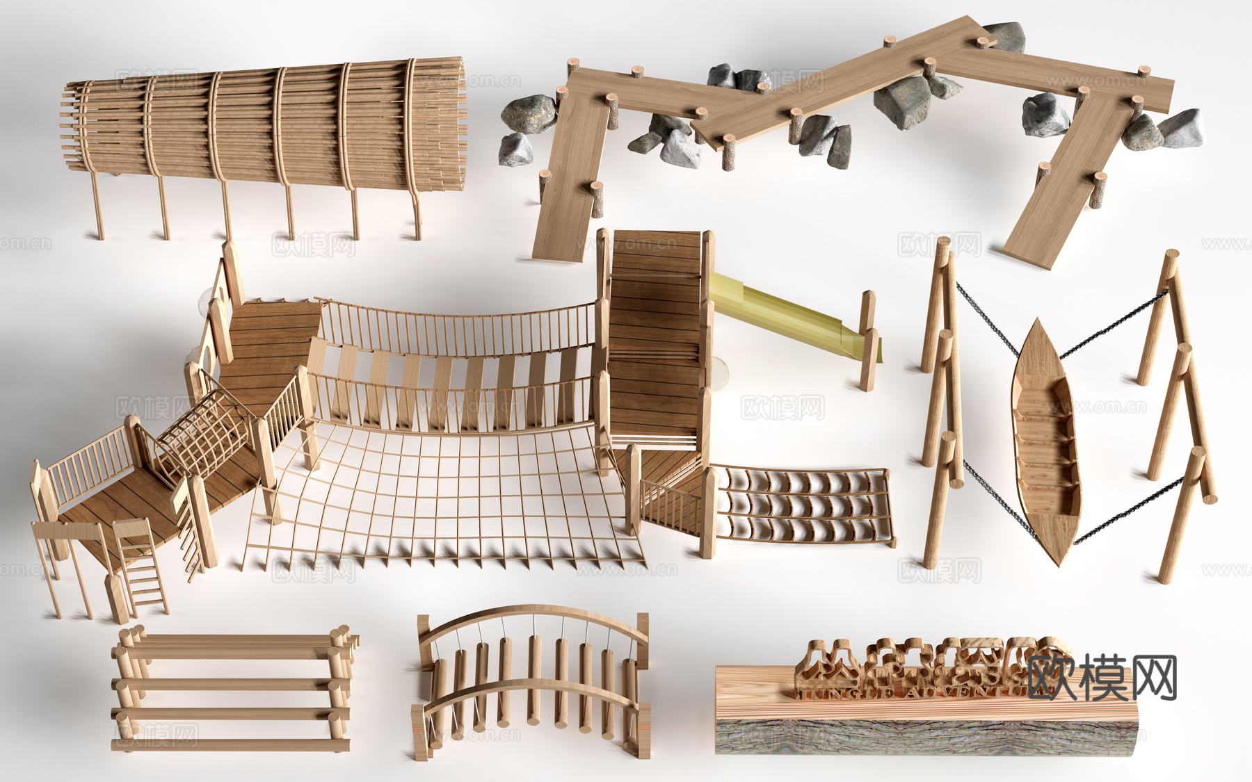 现代户外儿童游乐设施 无动力游乐设施 乡村研学游乐设施su模型