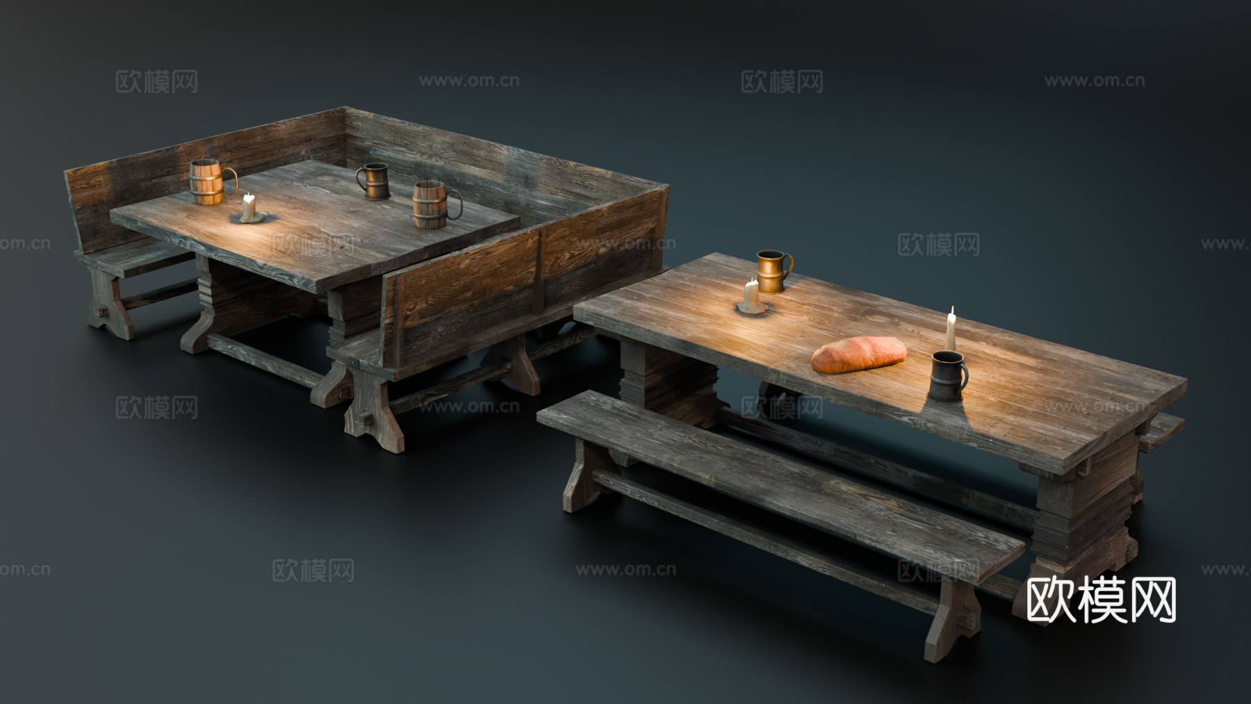 中世纪酒馆餐桌 多人餐桌 旅馆餐桌 复古餐桌 木桌长条凳长椅su模型