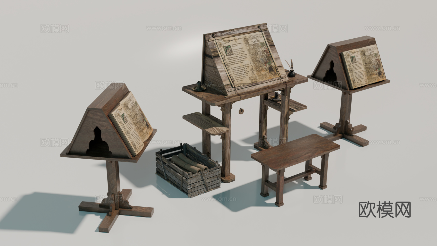 中世纪画桌 复古画架 画板 中世纪书桌su模型