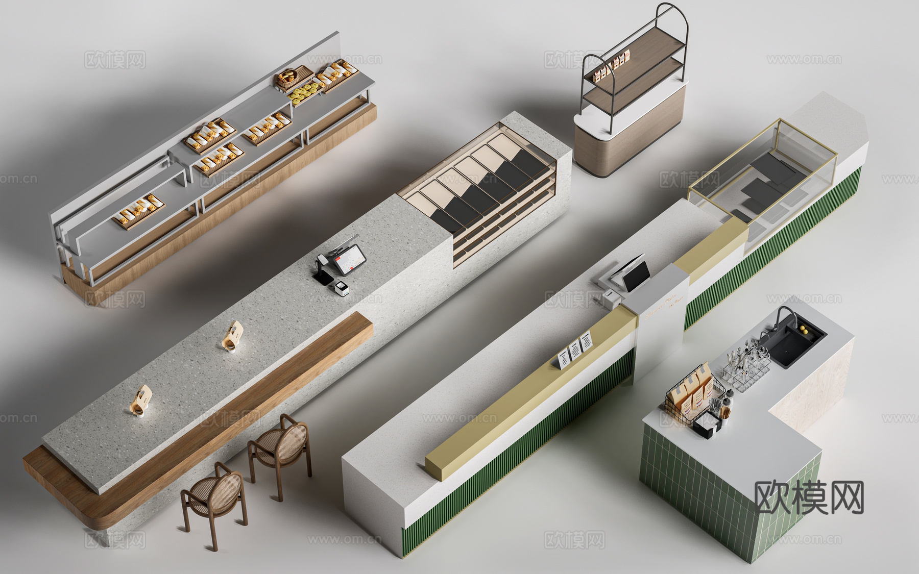 现代咖啡吧台 甜品店货架 收银台 服务台su模型