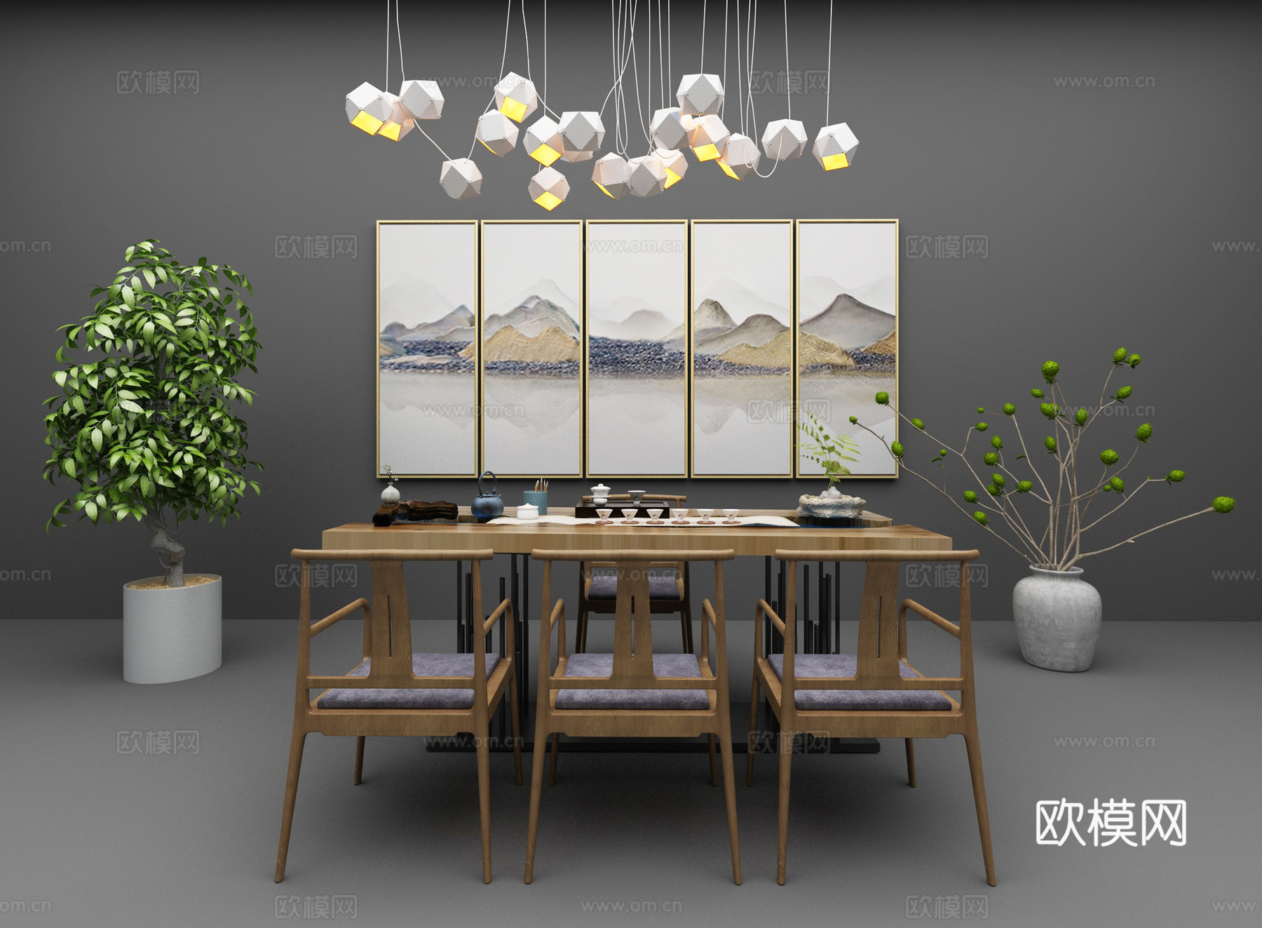 新中式茶桌茶艺挂画3d模型下载（渲染图1）