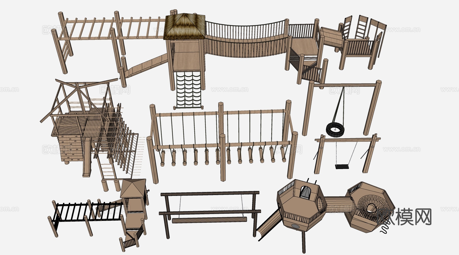 现代户外儿童游乐设施 无动力游乐设施 乡村研学游乐设施su模型