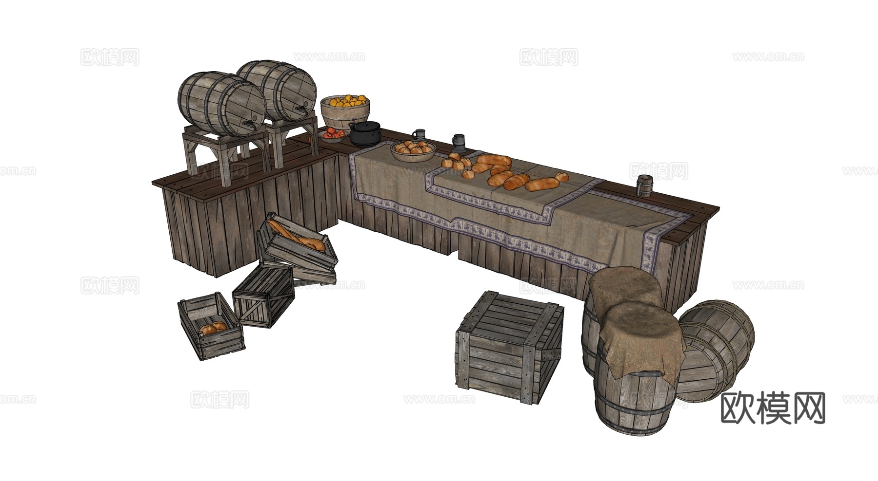 中世纪鬼台 复古酒馆柜台 中世纪摊位 中世纪街道摊位 酒馆柜su模型