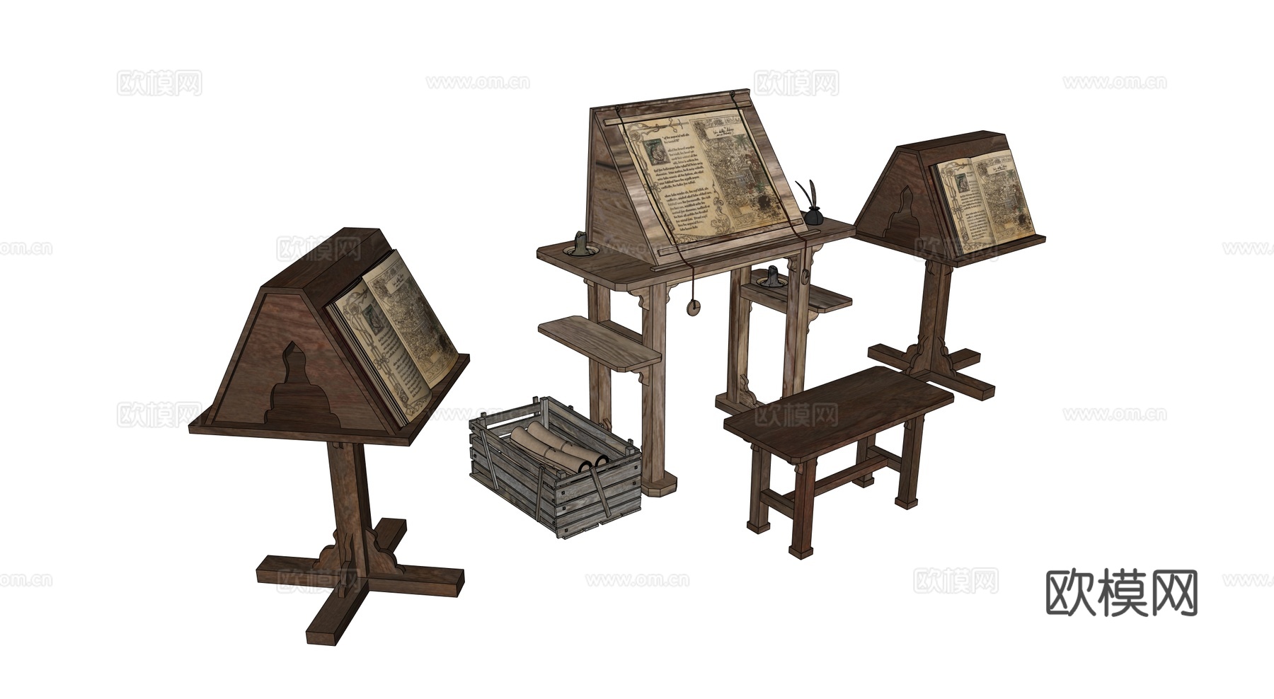 中世纪画桌 复古画架 画板 中世纪书桌su模型