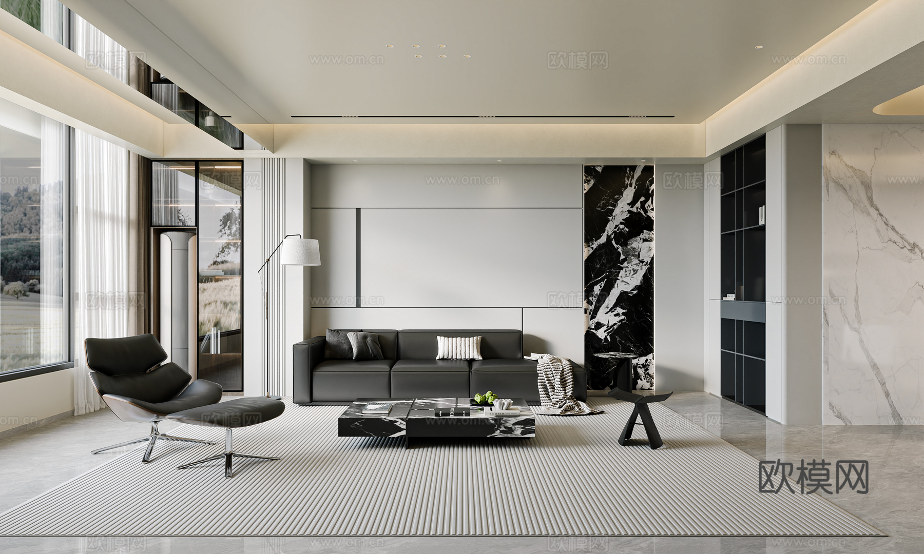 自制现代黑白灰客餐厅3d模型3d模型下载（渲染图2）