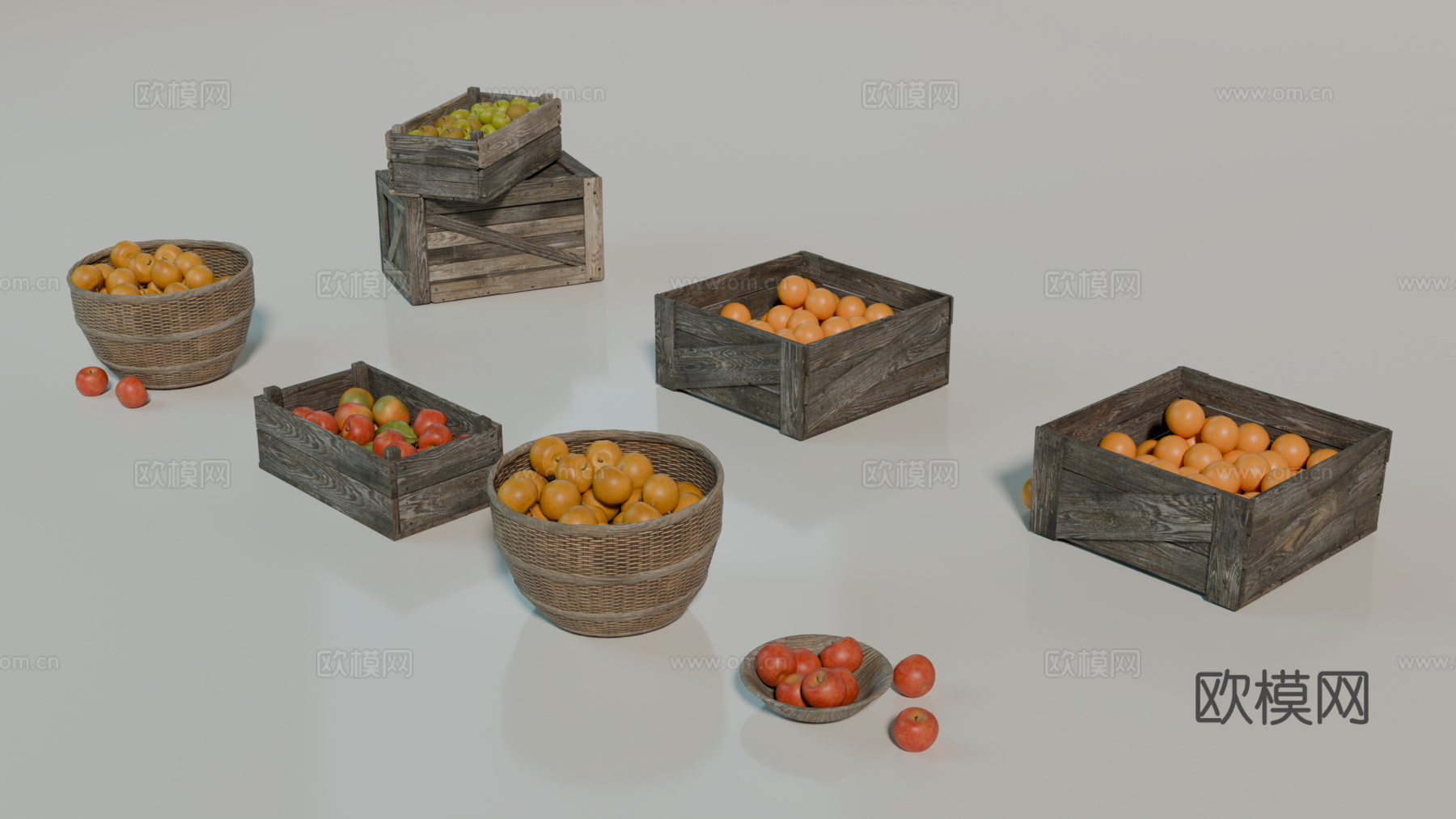 中世纪水果摊位 木箱 筐子 摊位 水果su模型