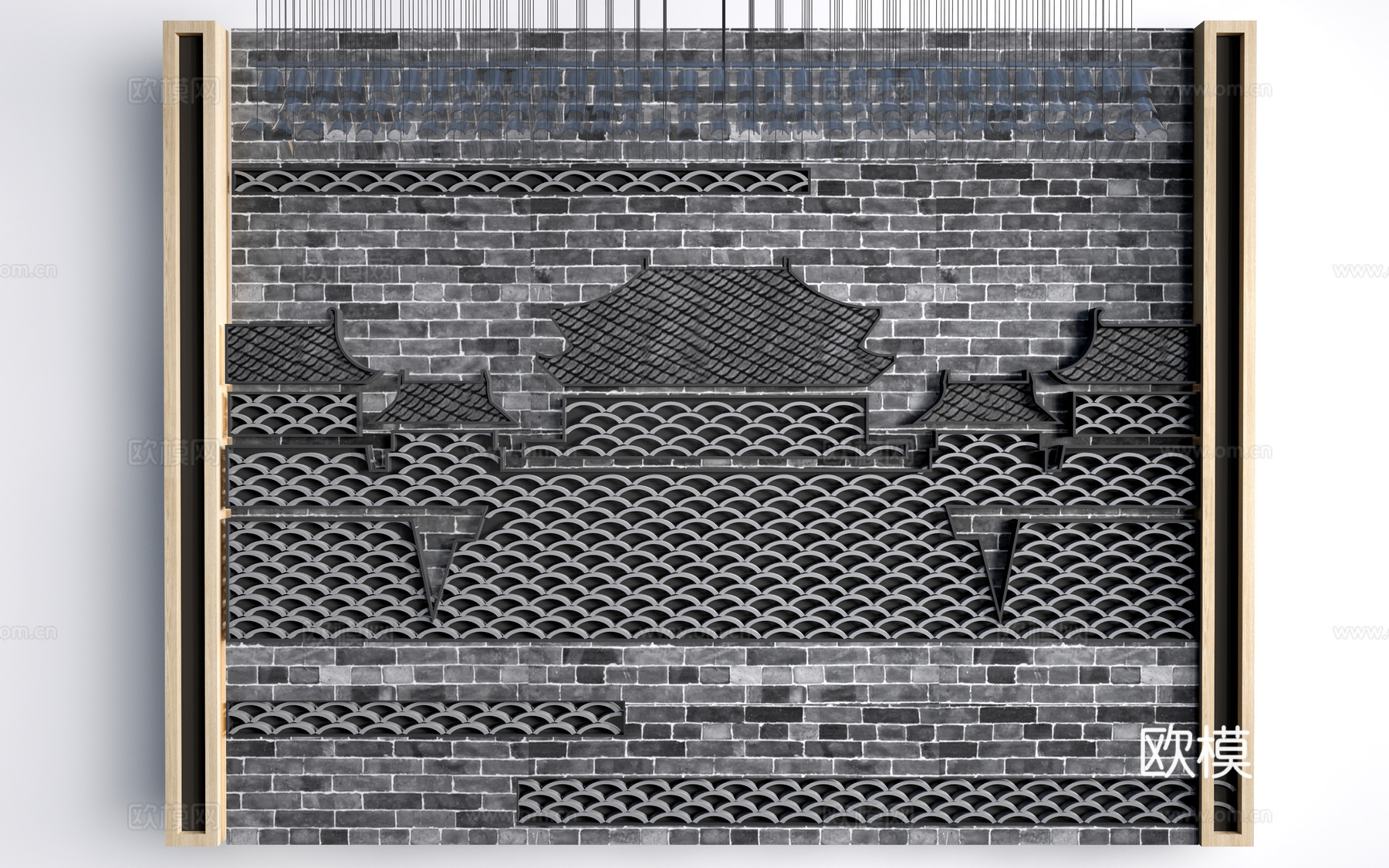 新中式背景墙 文化墙 瓦片背景墙 前台背景墙 形象墙su模型