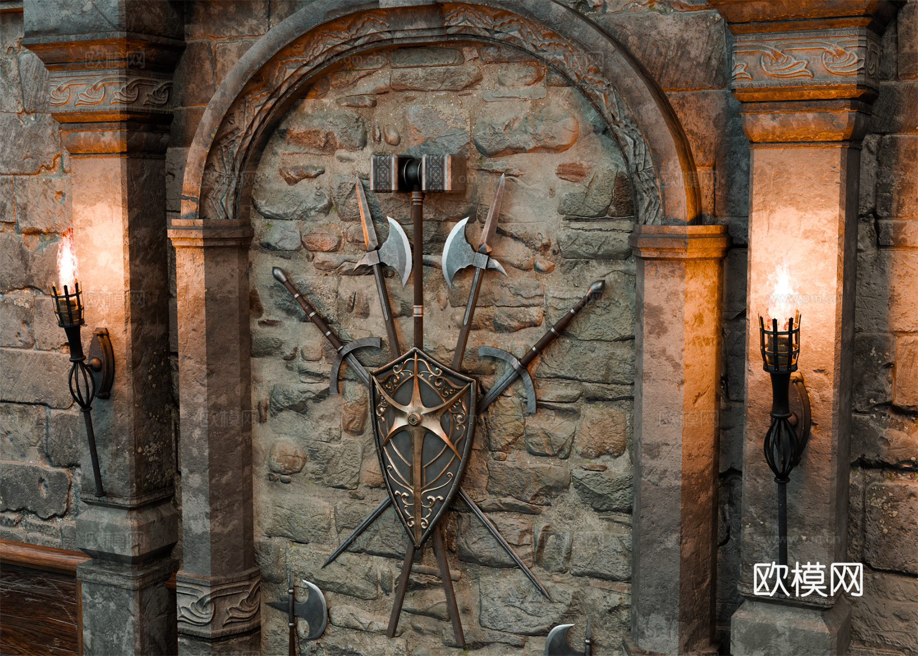中世纪盾牌武器 中世纪墙饰 复古墙饰 欧式墙饰 火把壁灯su模型