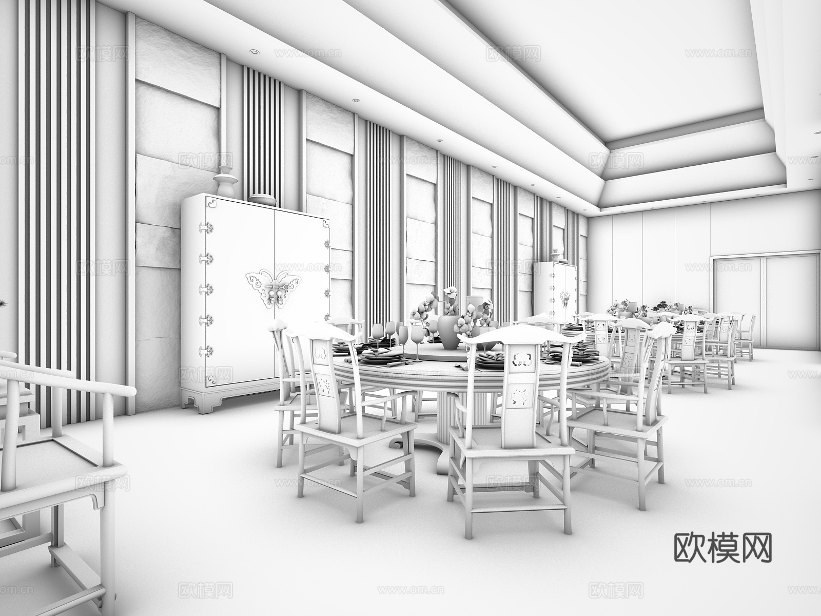 新中式餐厅包间 餐桌椅 边柜3d模型下载（渲染图2）