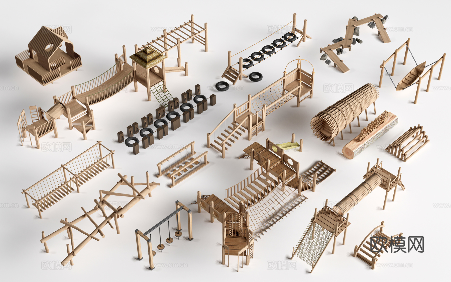 现代户外儿童游乐设施 无动力游乐设施 乡村研学游乐设施su模型