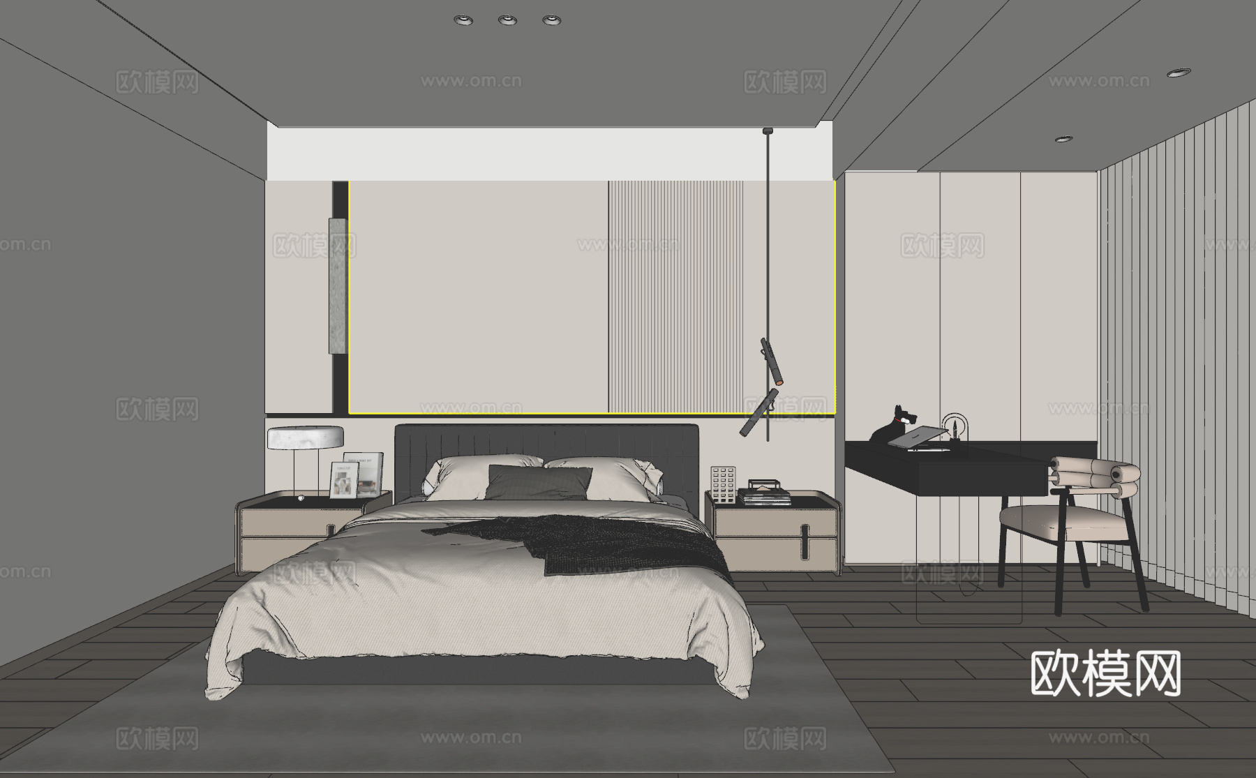 现代黑白灰卧室su模型