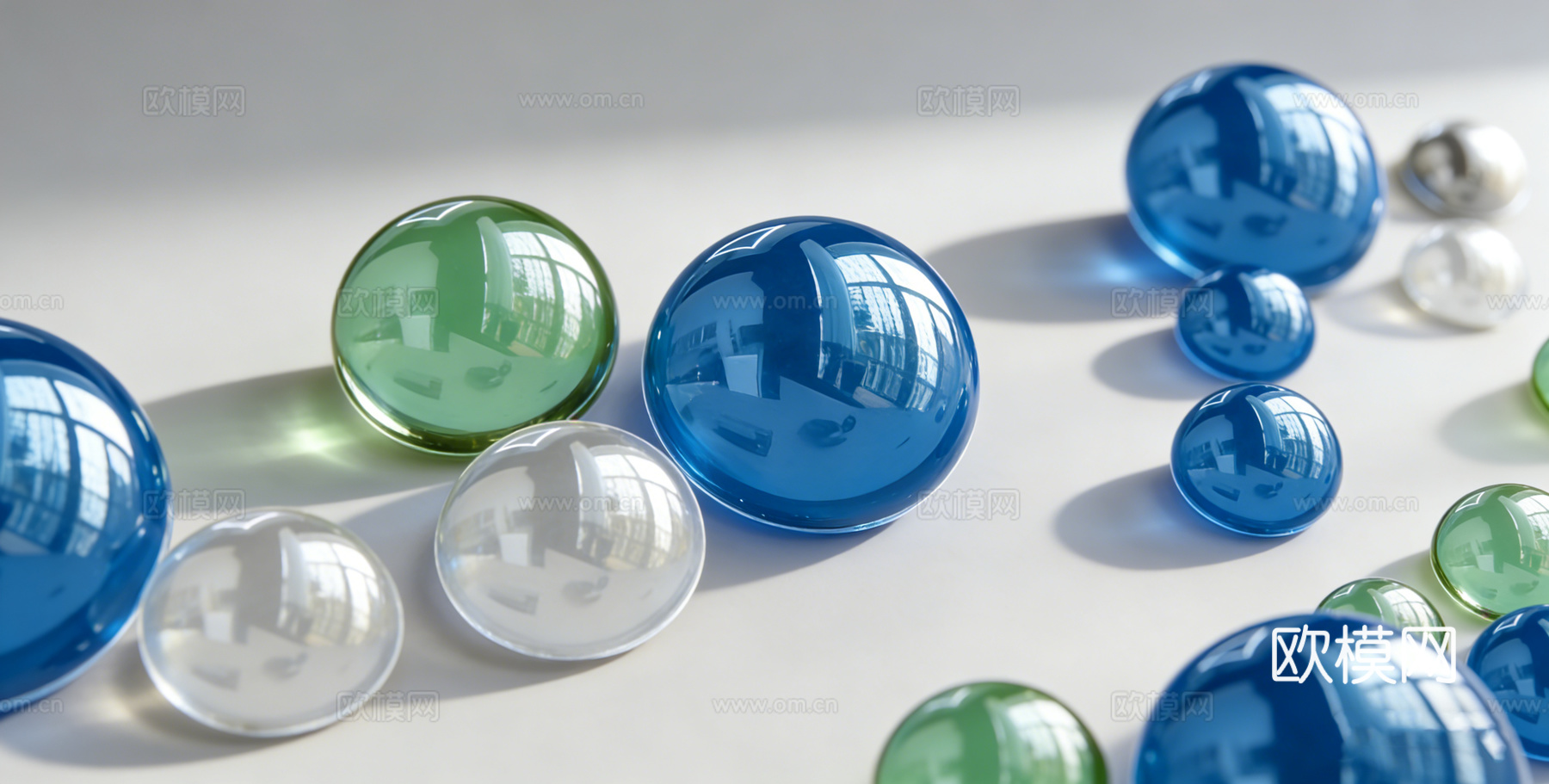 现代墙面装置 写实蓝色透明玻璃球 高光反射su模型