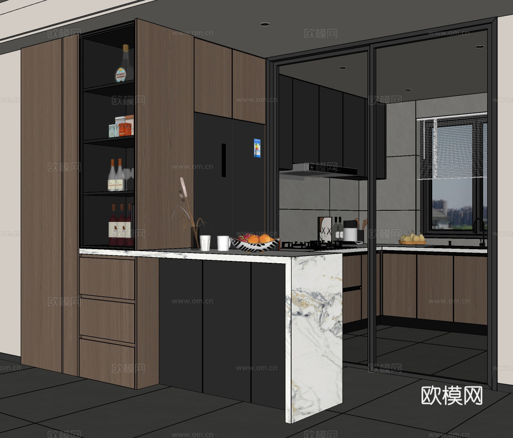 现代意式冰箱柜 吧台 冰箱柜吧台一体  厨房橱柜su模型