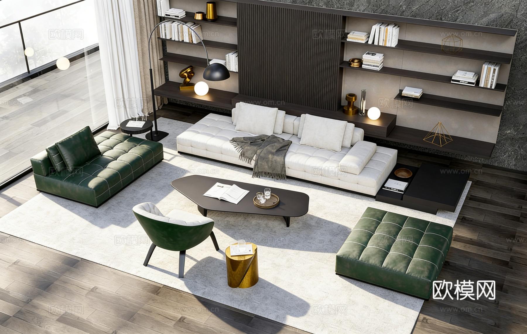 现代简约白绿配色客厅 含异形茶几 整墙书架 沙发组合su模型