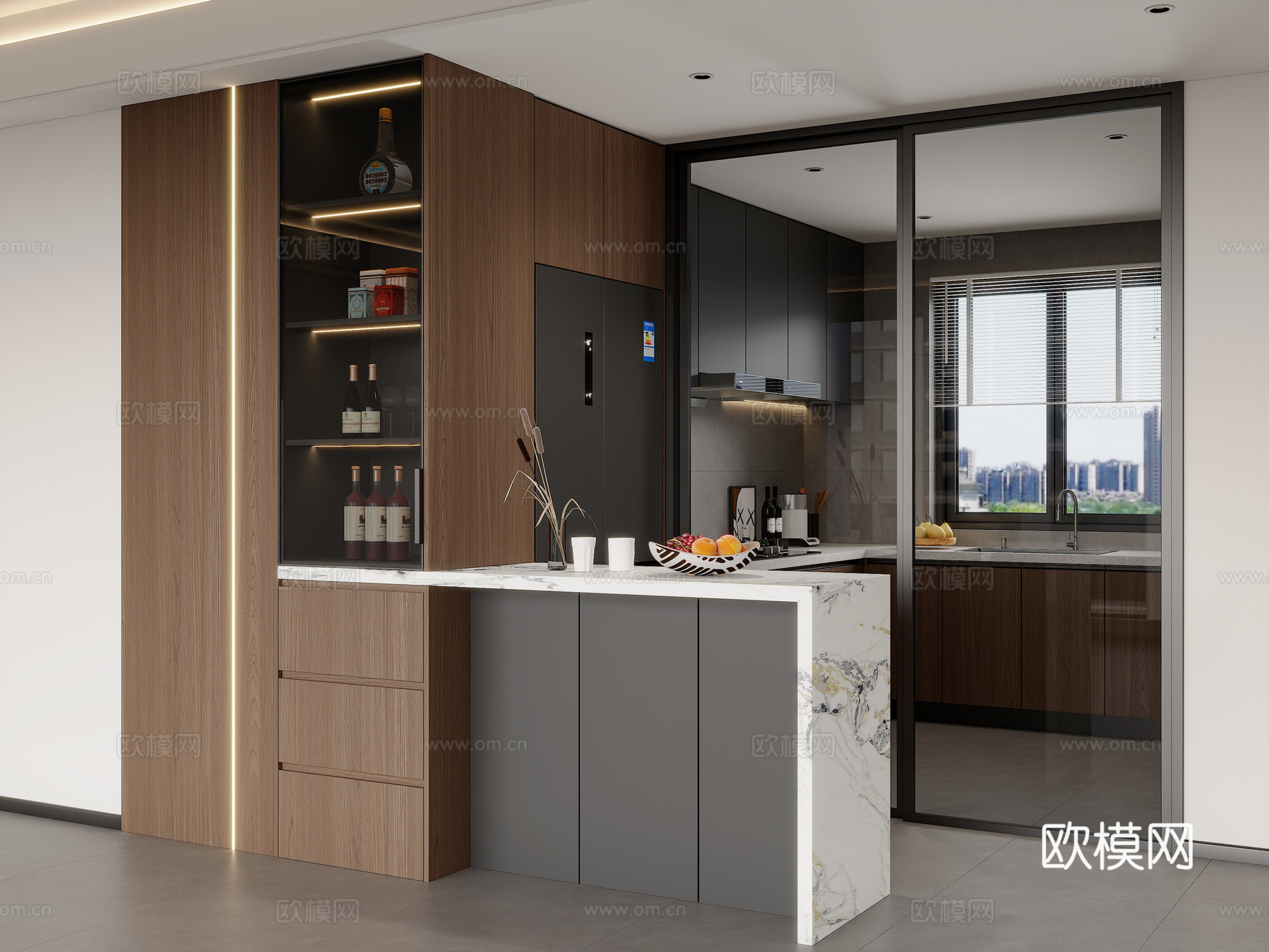 现代意式冰箱柜 吧台 冰箱柜吧台一体  厨房橱柜su模型