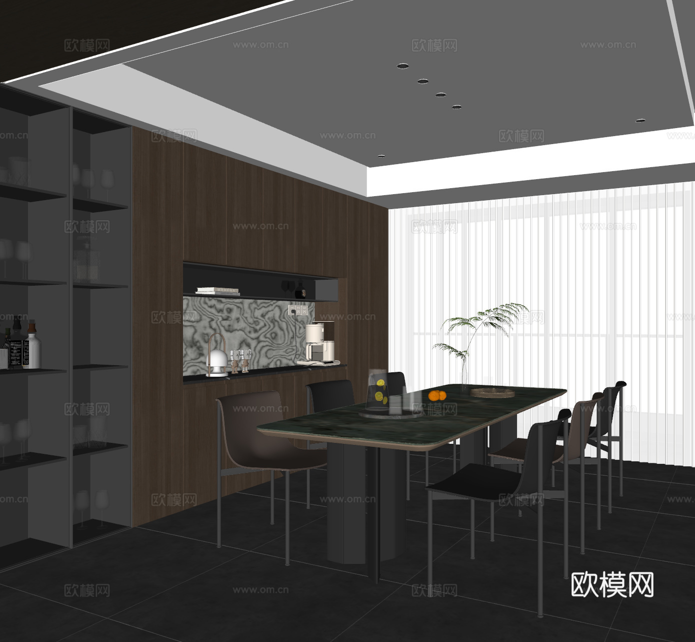 现代意式餐厅 餐桌椅 餐边柜 酒柜su模型