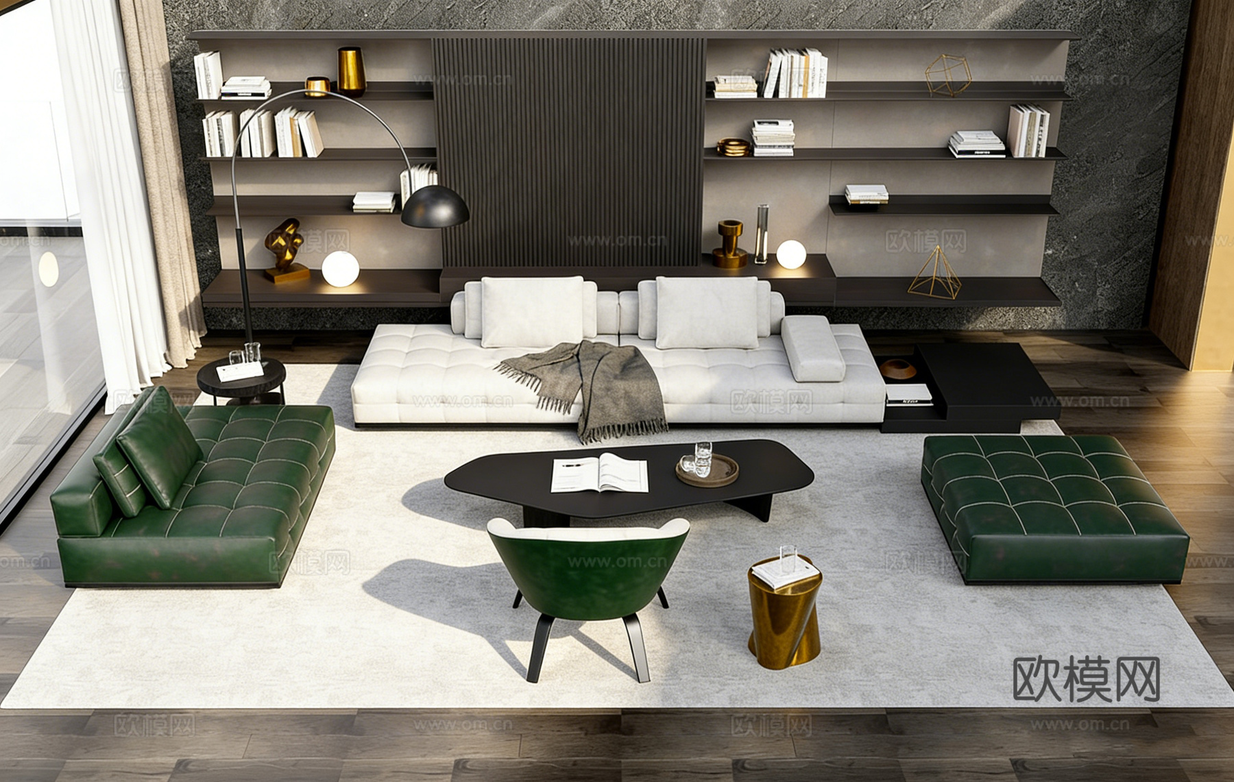 现代简约白绿配色客厅 含异形茶几 整墙书架 沙发组合su模型