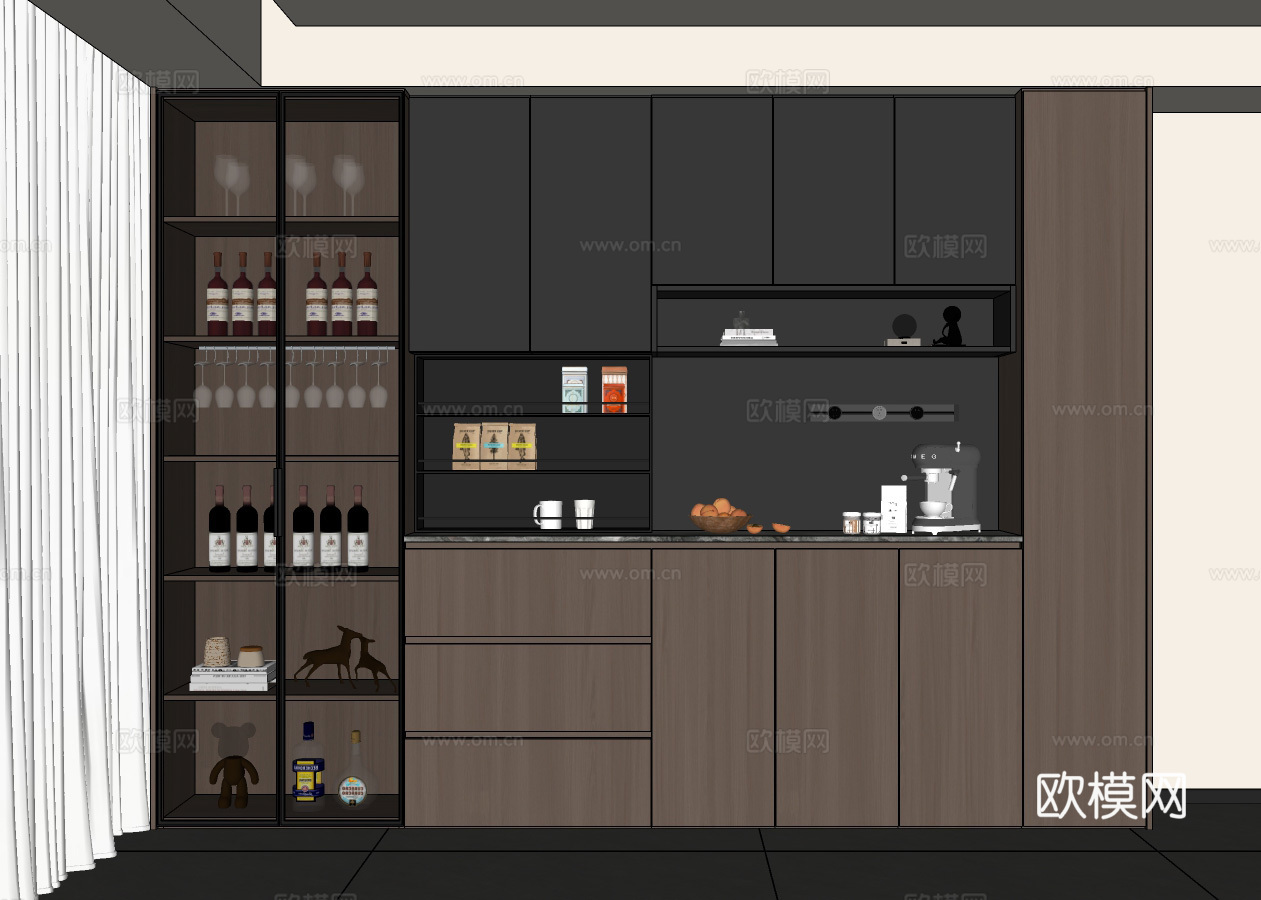 现代意式餐边柜 客厅餐边柜 酒柜餐边柜 玻璃门餐边柜 备餐柜su模型