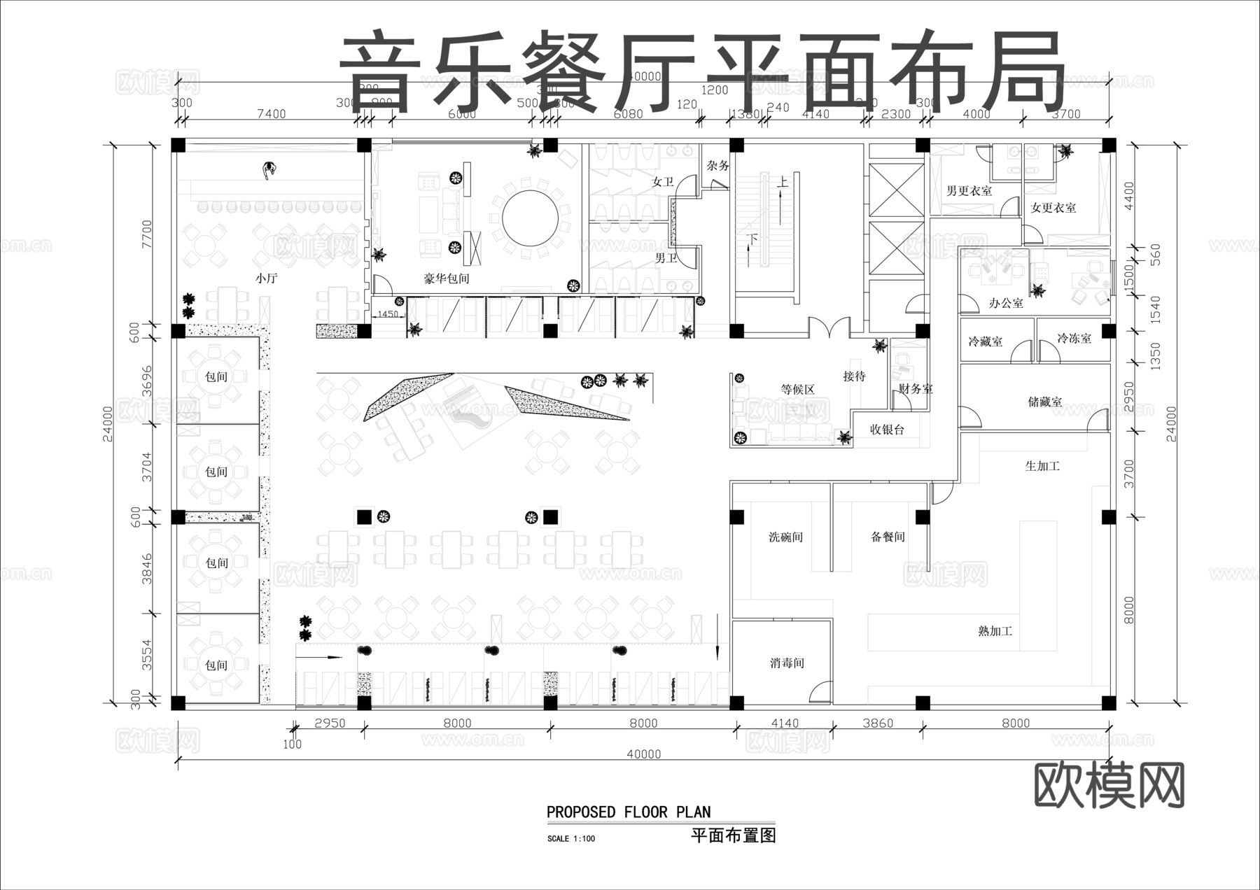 音乐餐厅平面布局cad施工图