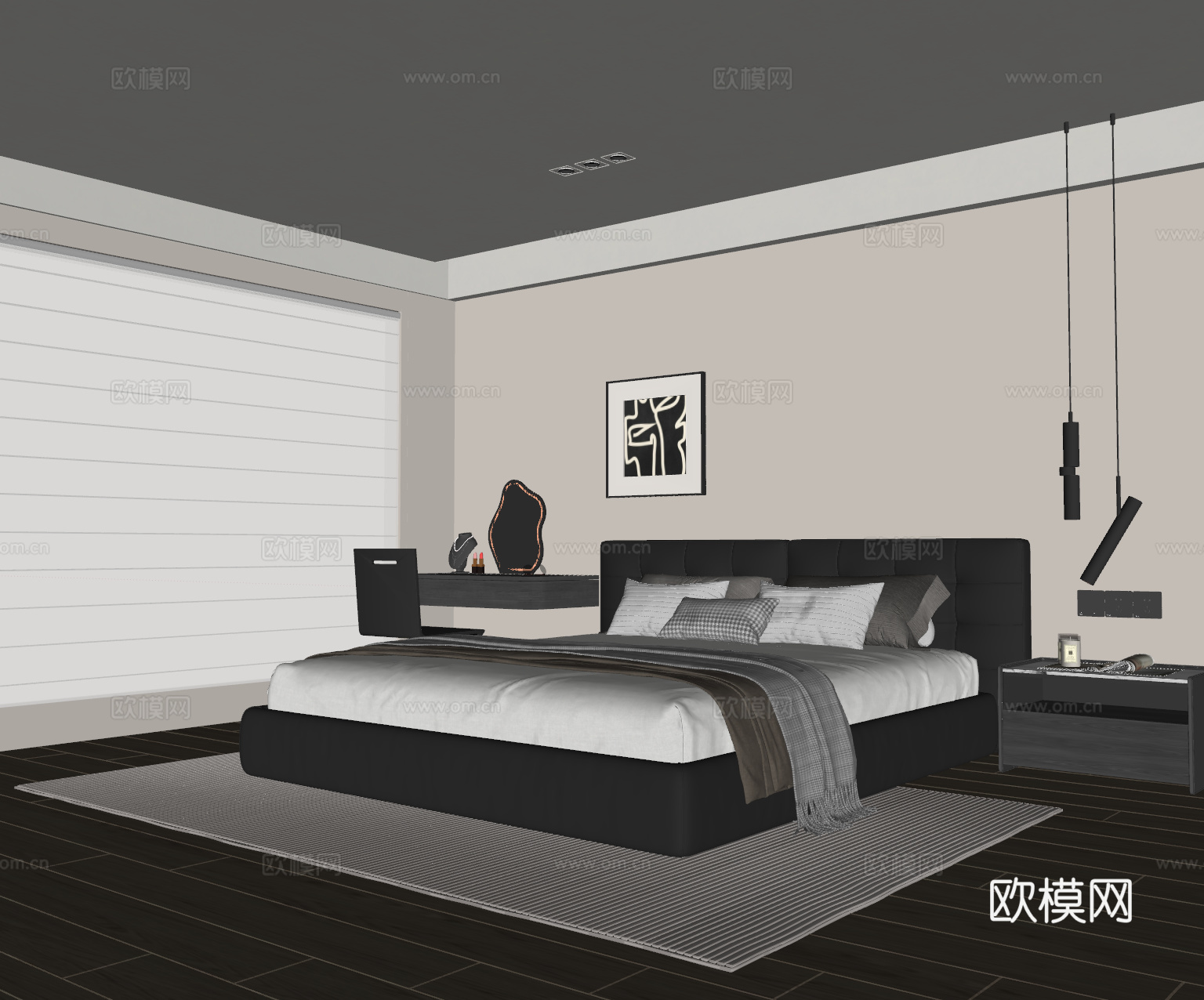 现代简约卧室 皮质双人床 床头柜 吊灯 挂画 书桌椅 地毯su模型