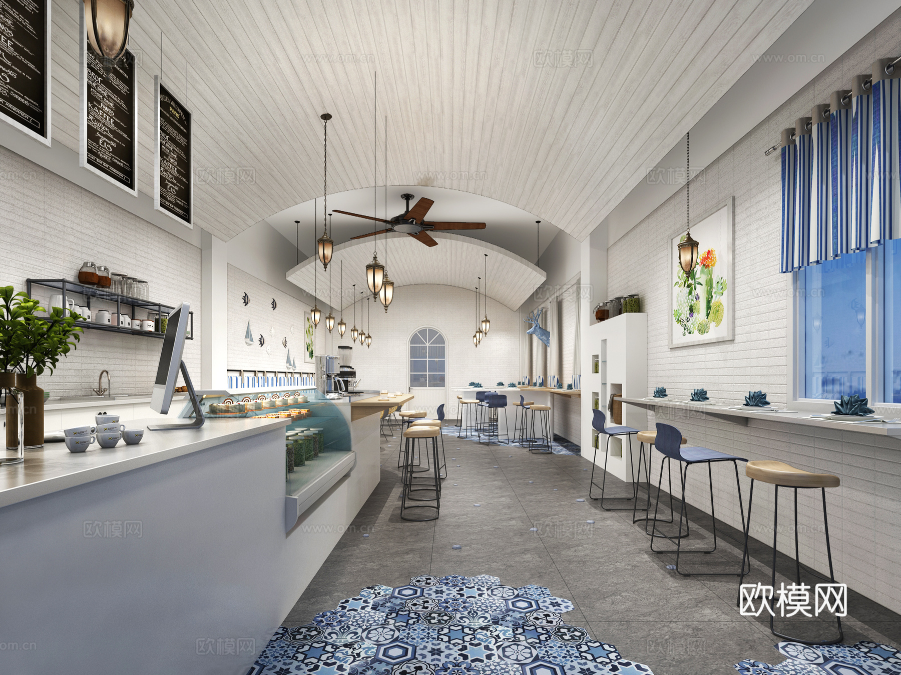 其他混搭咖啡厅 椅子 吧椅 风扇 吊灯 黑板3d模型下载（渲染图2）