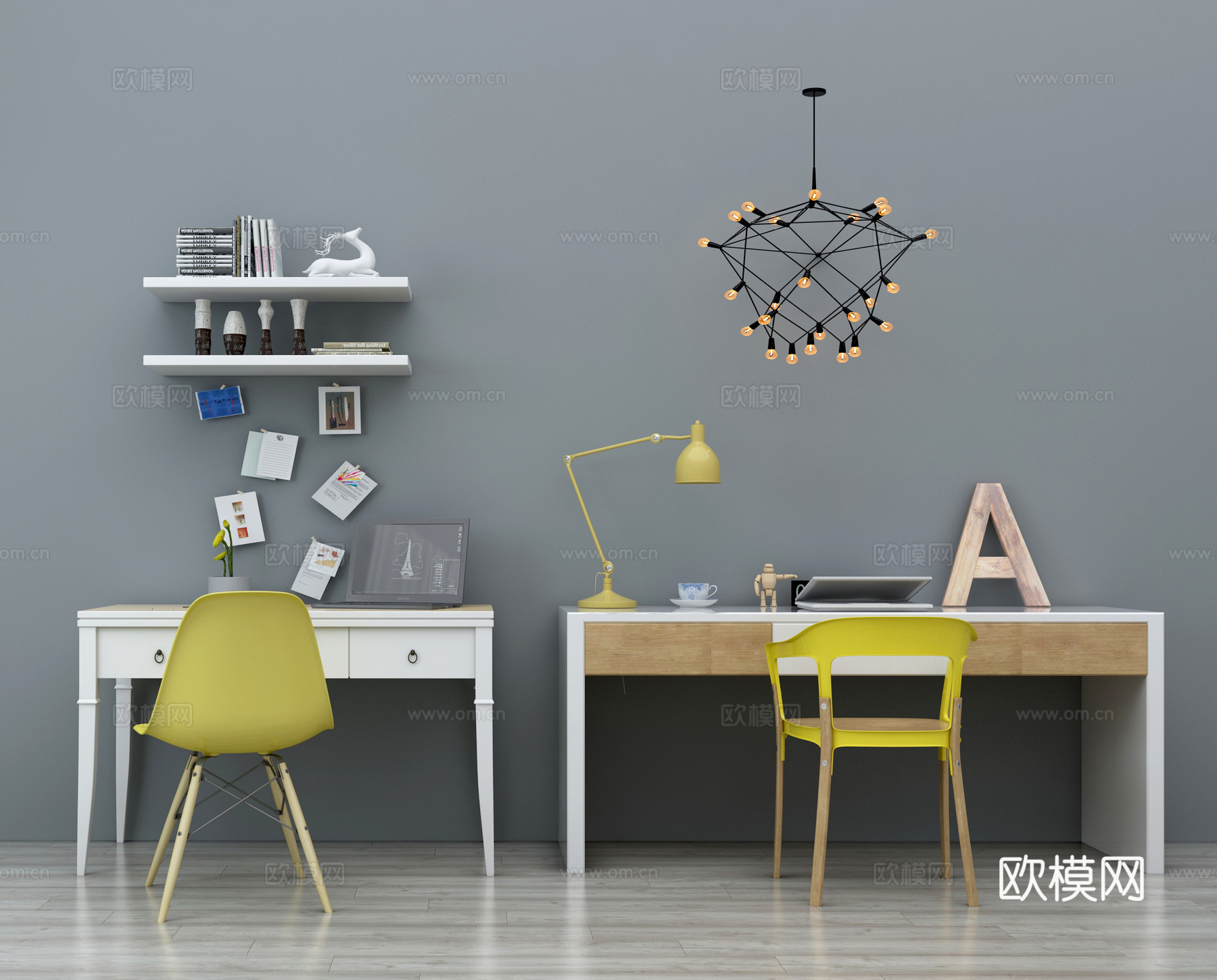 现代书桌椅 书桌椅组合 儿童书桌椅 书桌 个性书桌 书房3d模型下载（渲染图1）