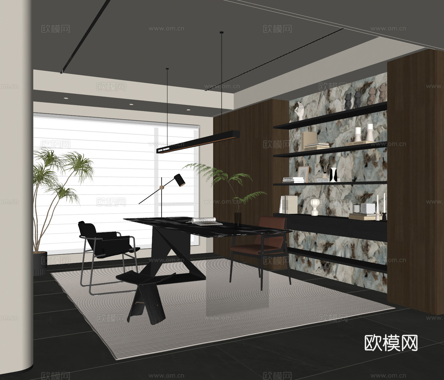 现代意式书房 书桌椅 吊灯 书柜 装饰柜 饰品摆件su模型