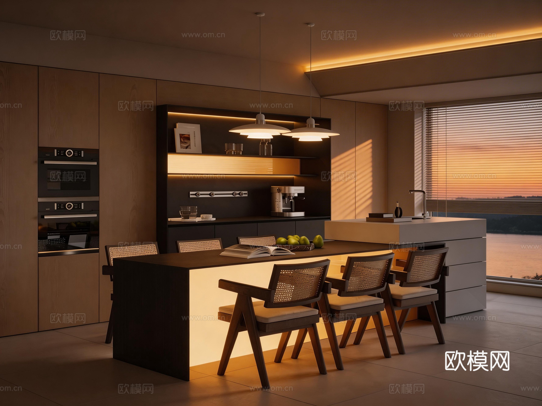 开放式餐厅 吧台餐桌 餐边柜su模型