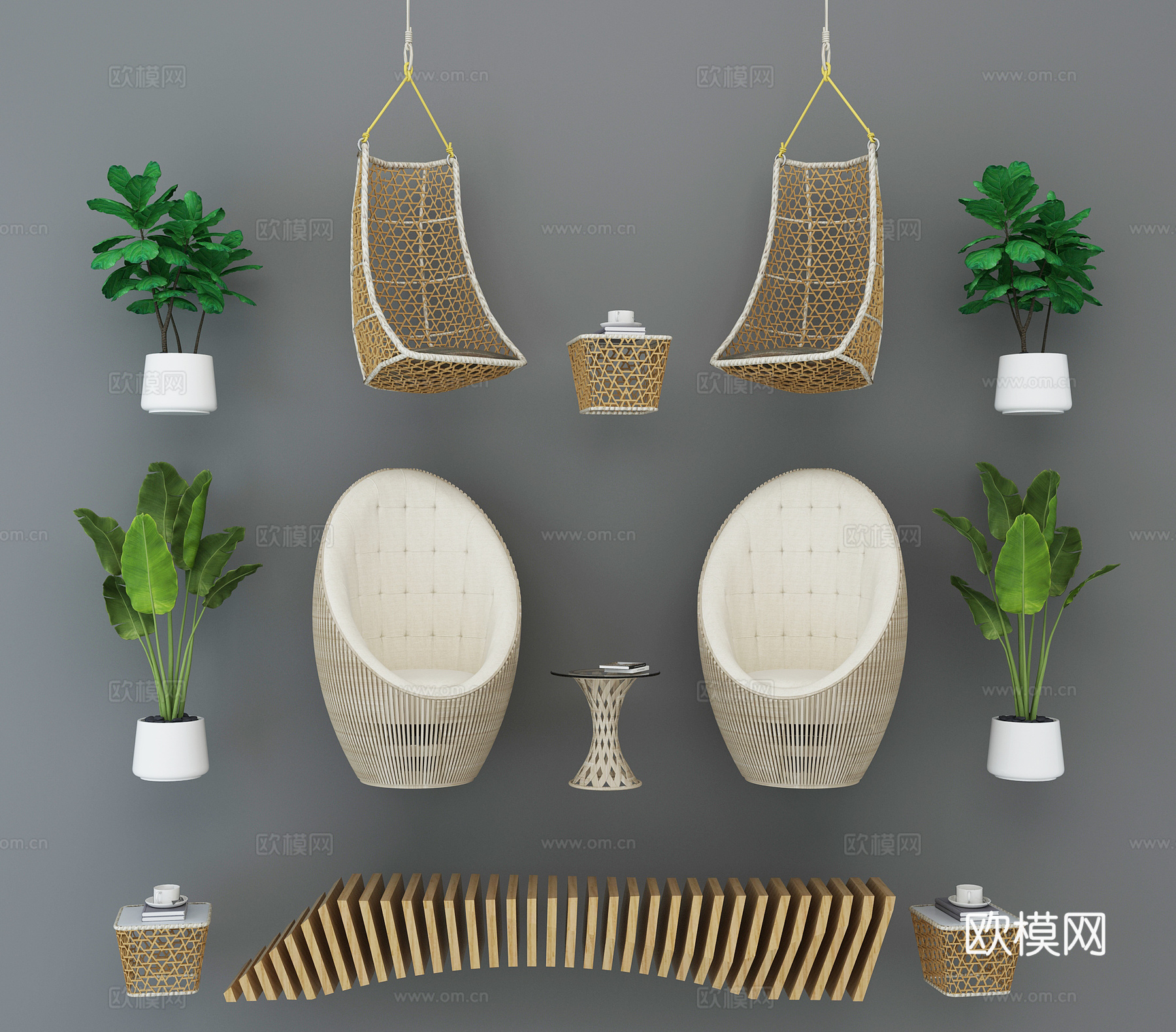 现代休闲椅绿化组合3d模型下载（渲染图1）