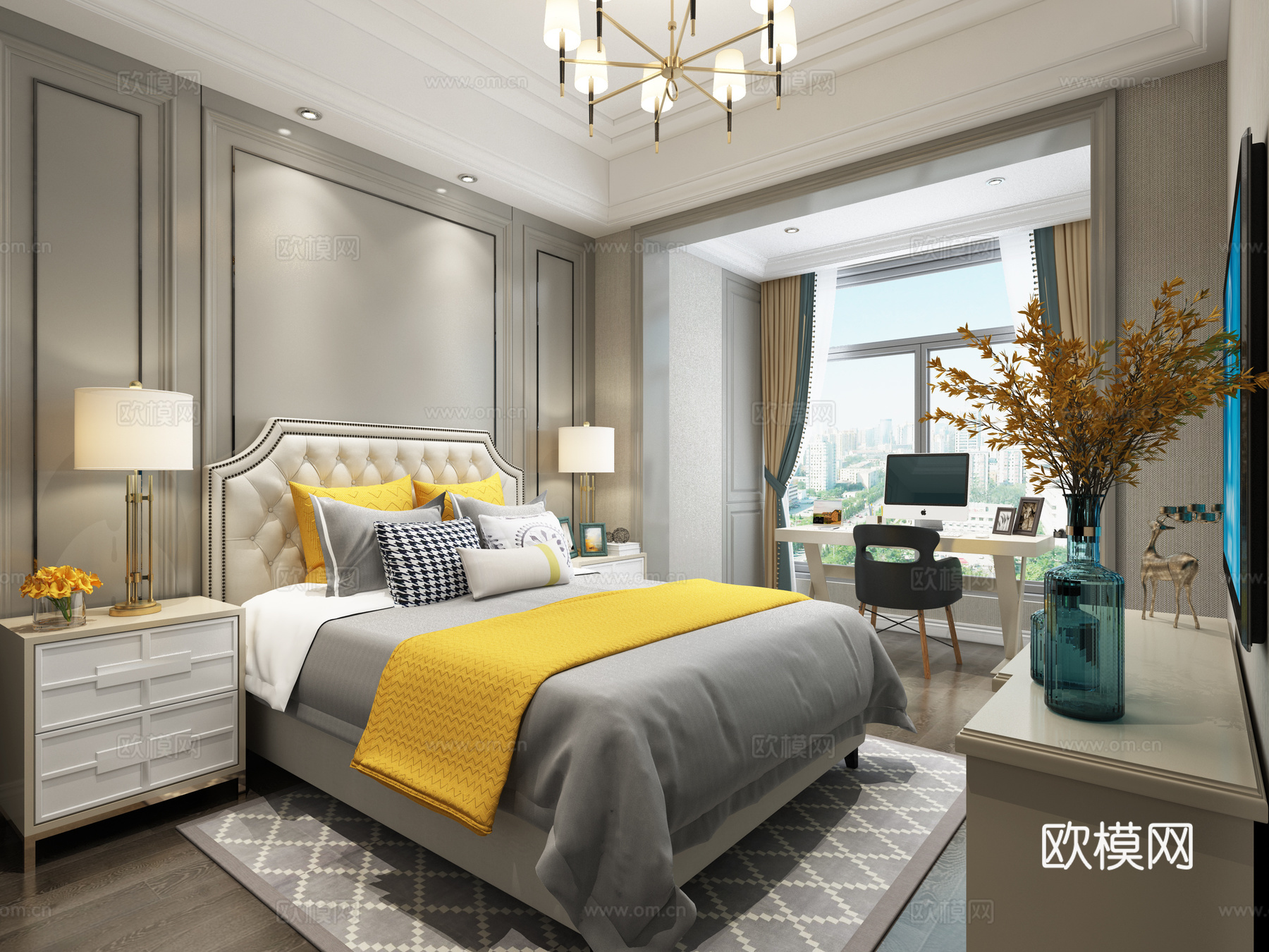 现代主卧 儿童房 吊灯 床 书桌3d模型