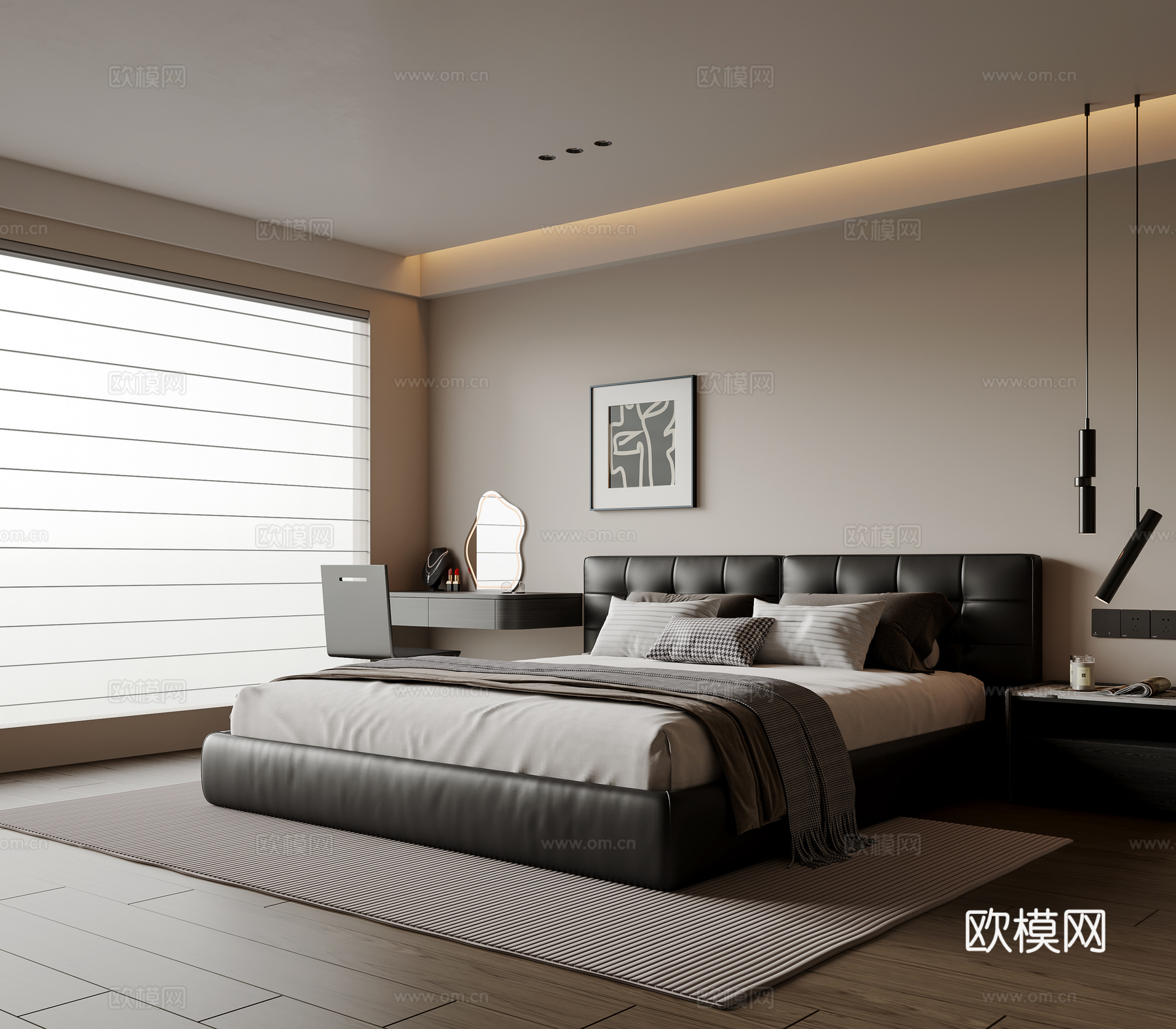 现代简约卧室 皮质双人床 床头柜 吊灯 挂画 书桌椅 地毯su模型