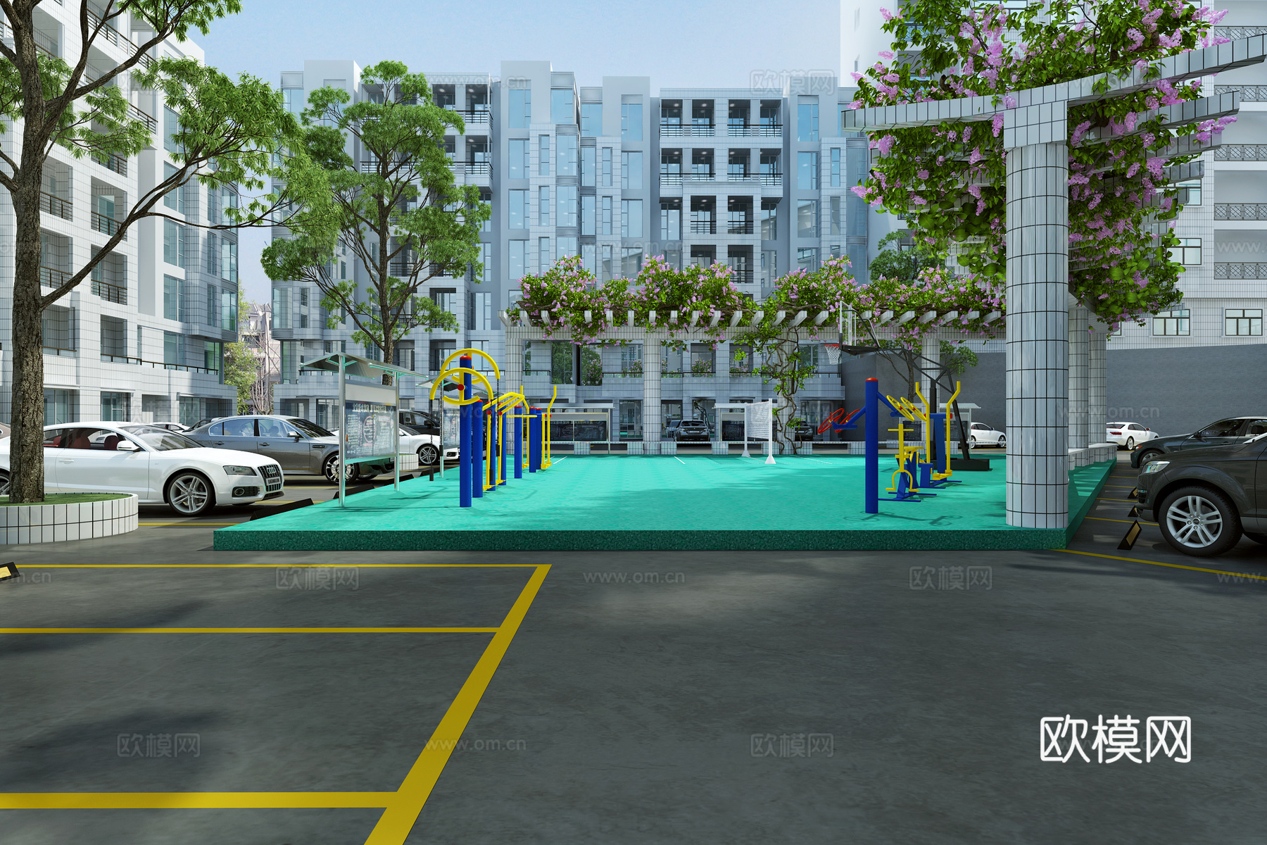 现代小区户外停车场 花卉 车 植物 花架 小区楼房 运动3d模型