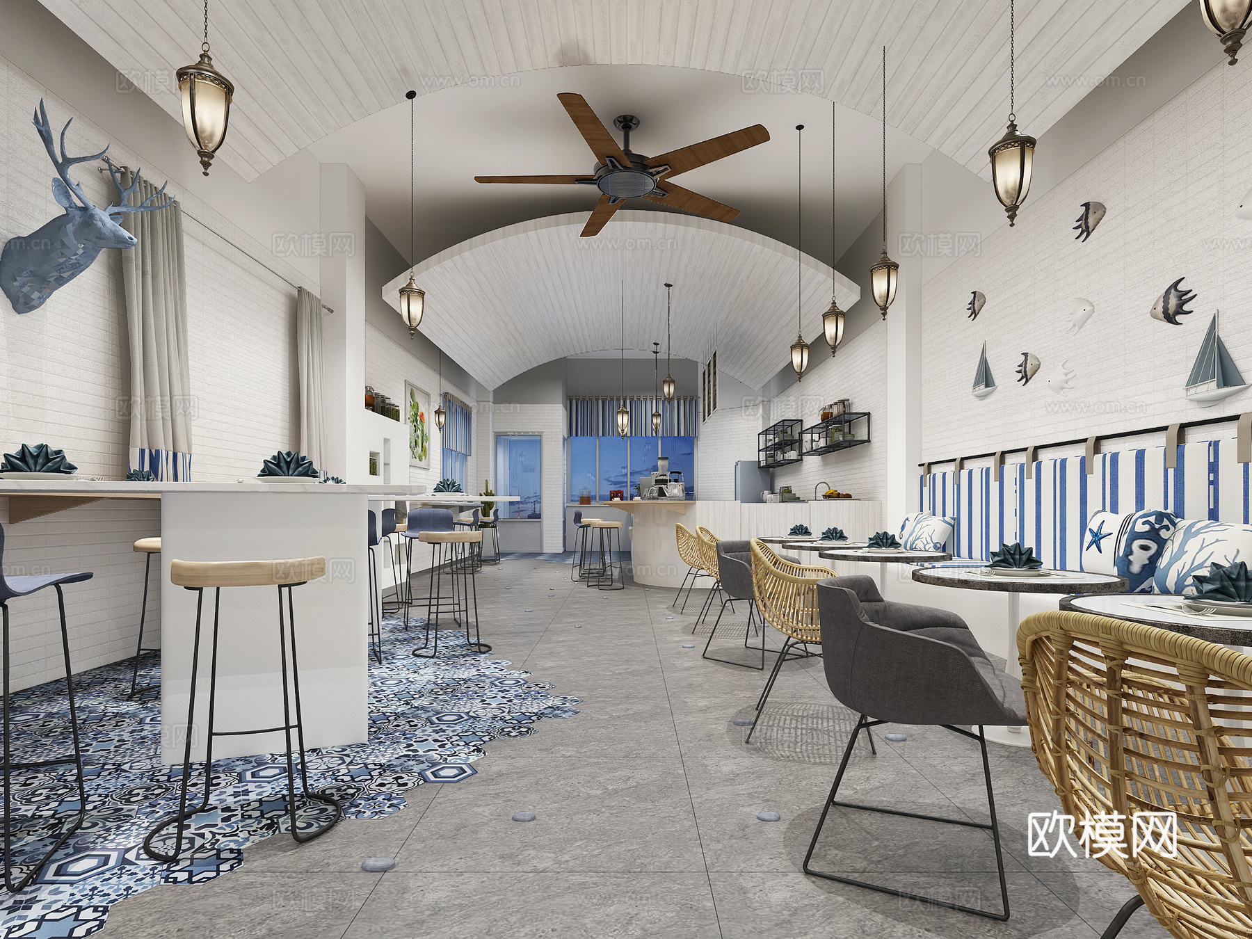 其他混搭咖啡厅 椅子 吧椅 风扇 吊灯 黑板3d模型下载（渲染图1）