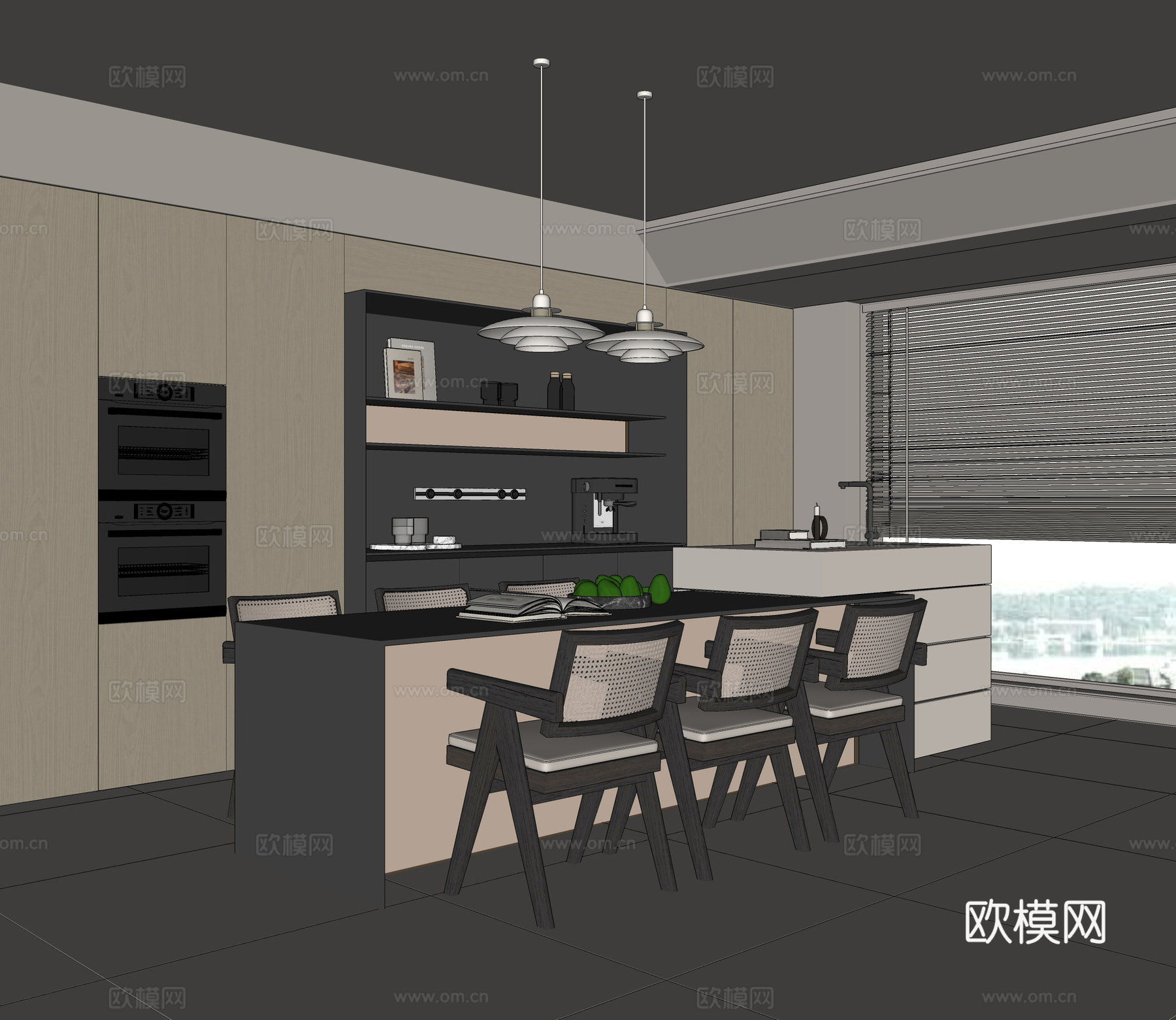 开放式餐厅 吧台餐桌 餐边柜su模型