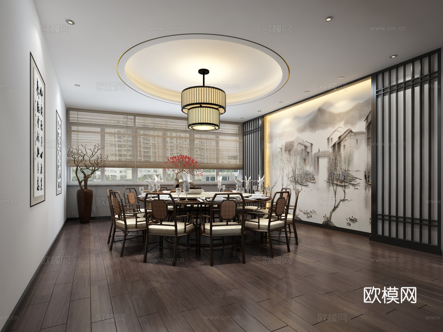 新中式餐厅 吊灯 餐桌椅 壁纸3d模型