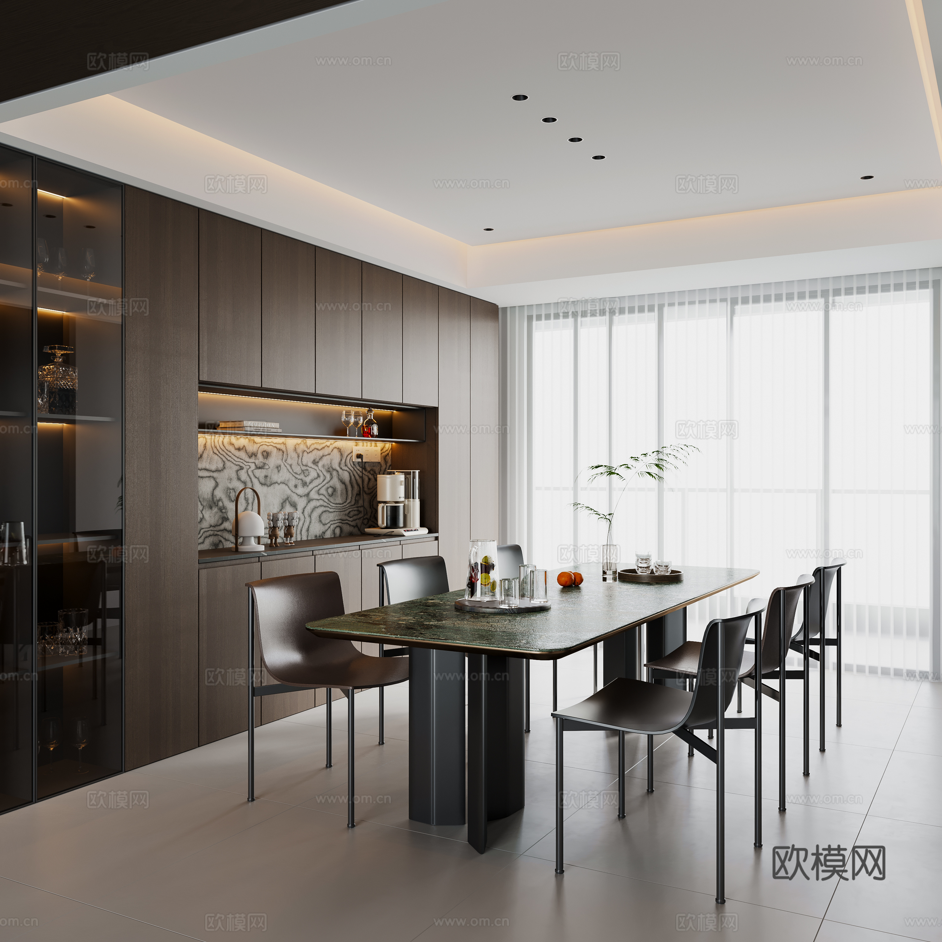 现代意式餐厅 餐桌椅 餐边柜 酒柜su模型