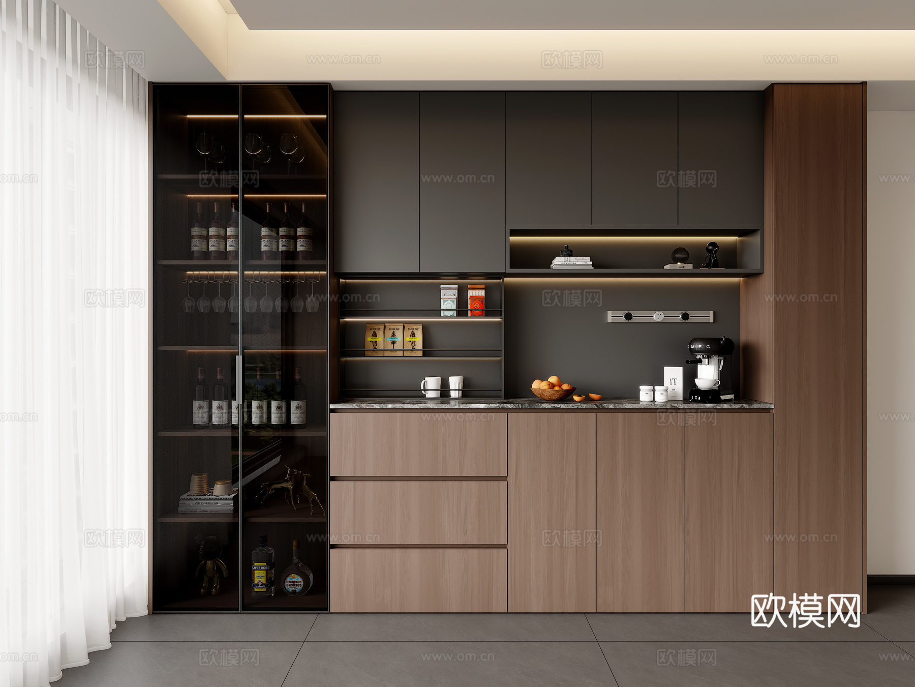 现代意式餐边柜 客厅餐边柜 酒柜餐边柜 玻璃门餐边柜 备餐柜su模型