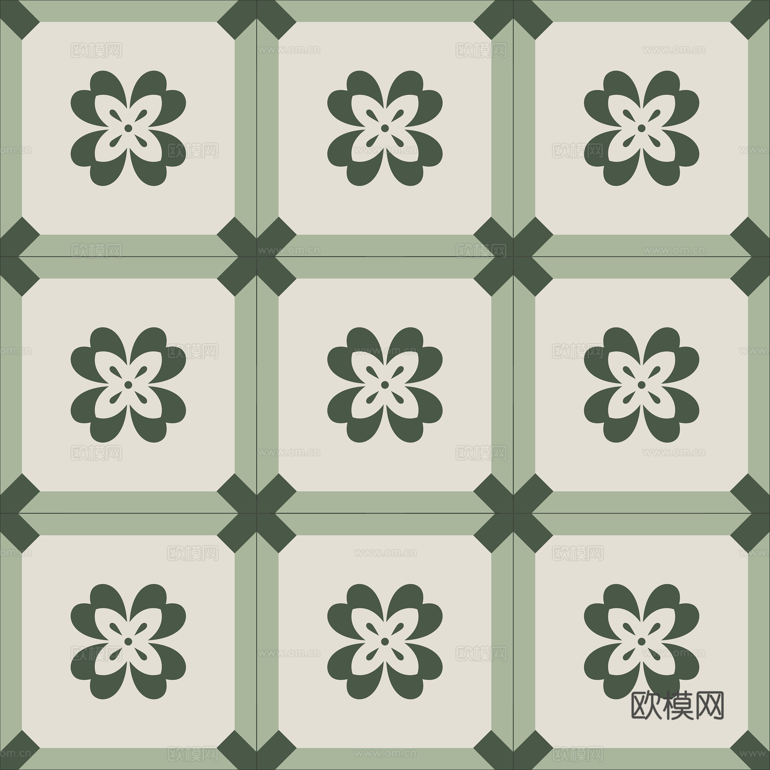 法式北欧无缝绿色复古花砖瓷砖贴图