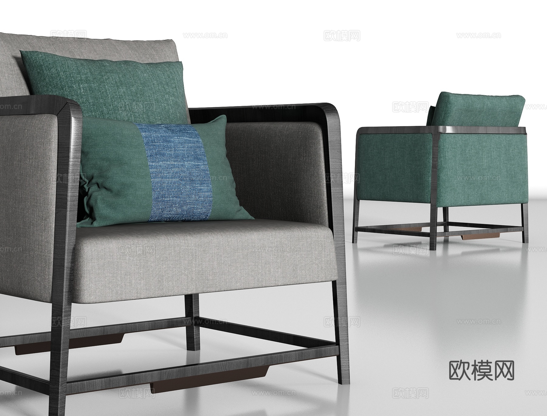 新中式实木布艺单椅组合3d模型下载（渲染图2）