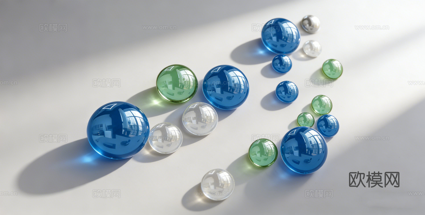 现代墙面装置 写实蓝色透明玻璃球 高光反射su模型