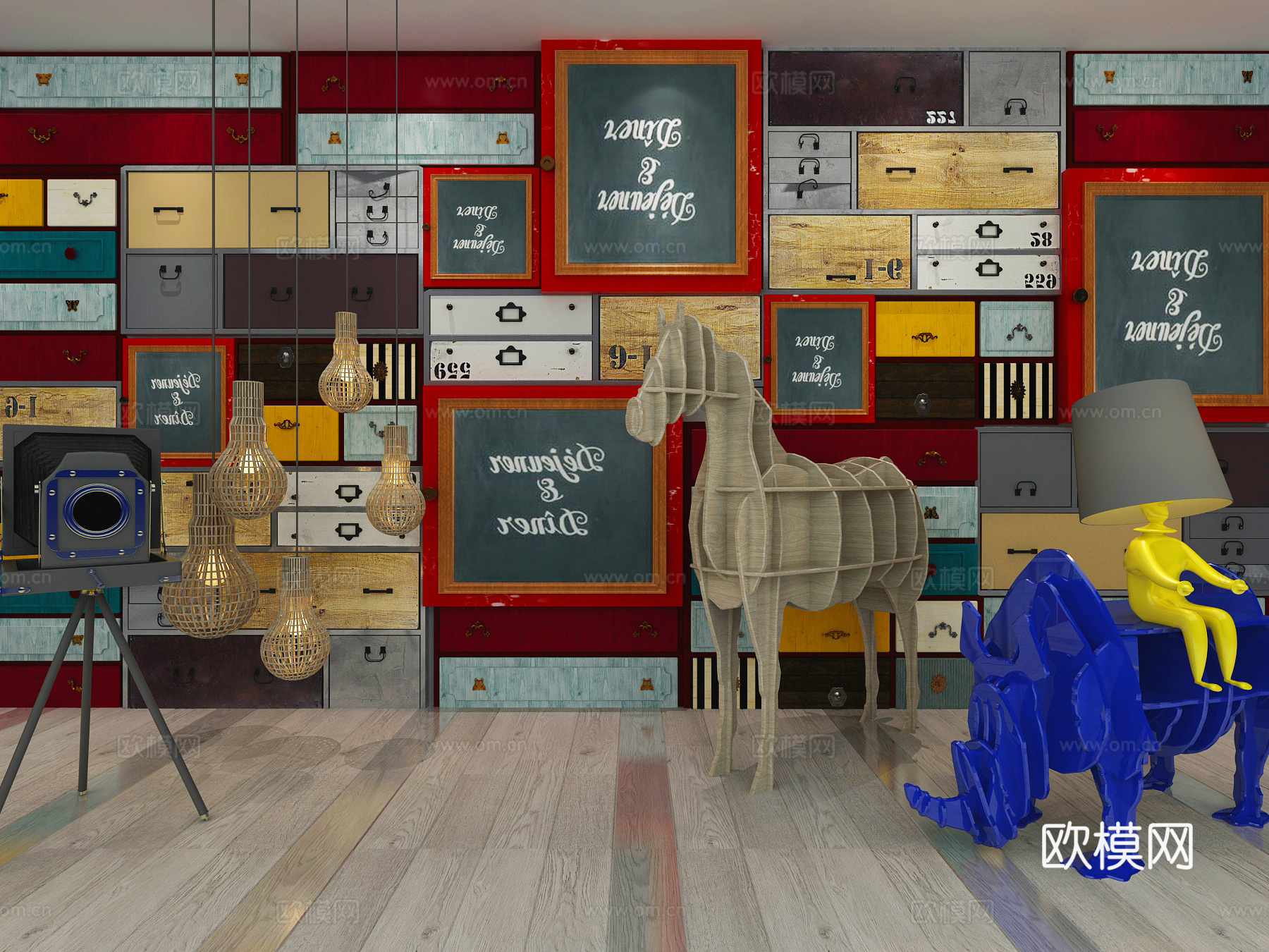 北欧创意箱子背景墙 柜门造型墙 工业风箱子 动物书架3d模型