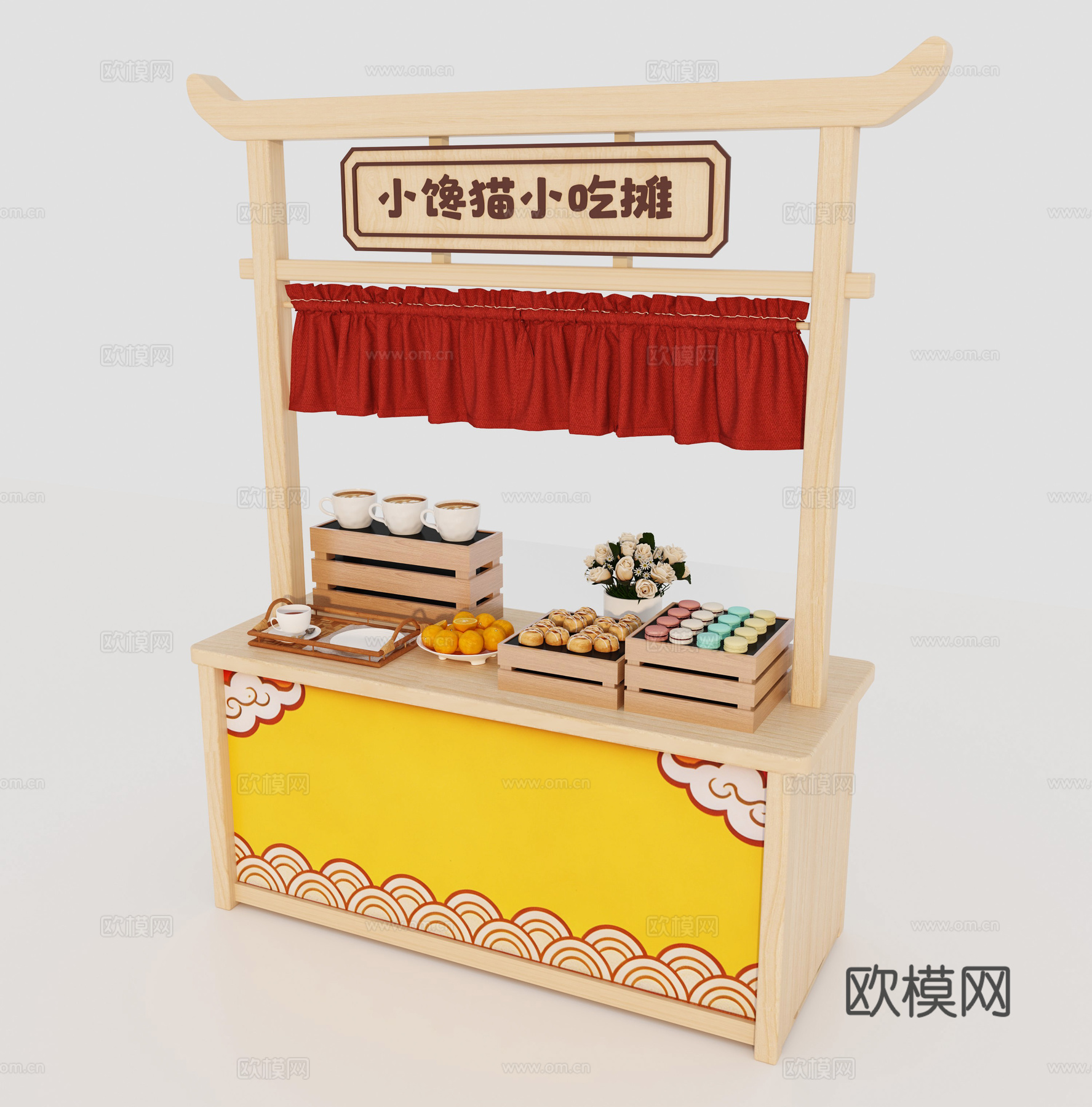 娃娃家中式摊位 手推车货架 新中式售卖车子 古式早餐车3d模型