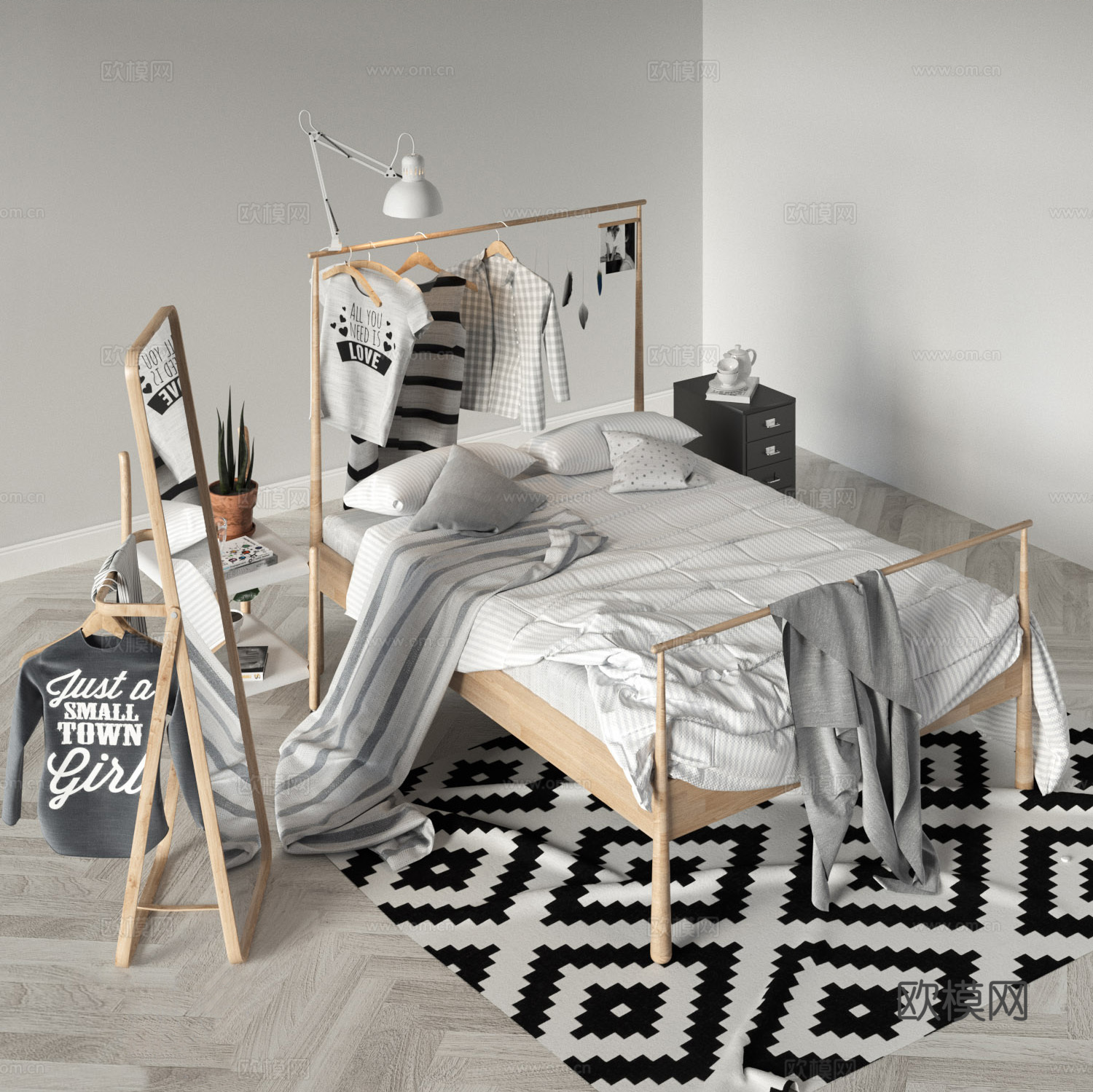 传统中式卧室 床 全身镜 地毯3d模型